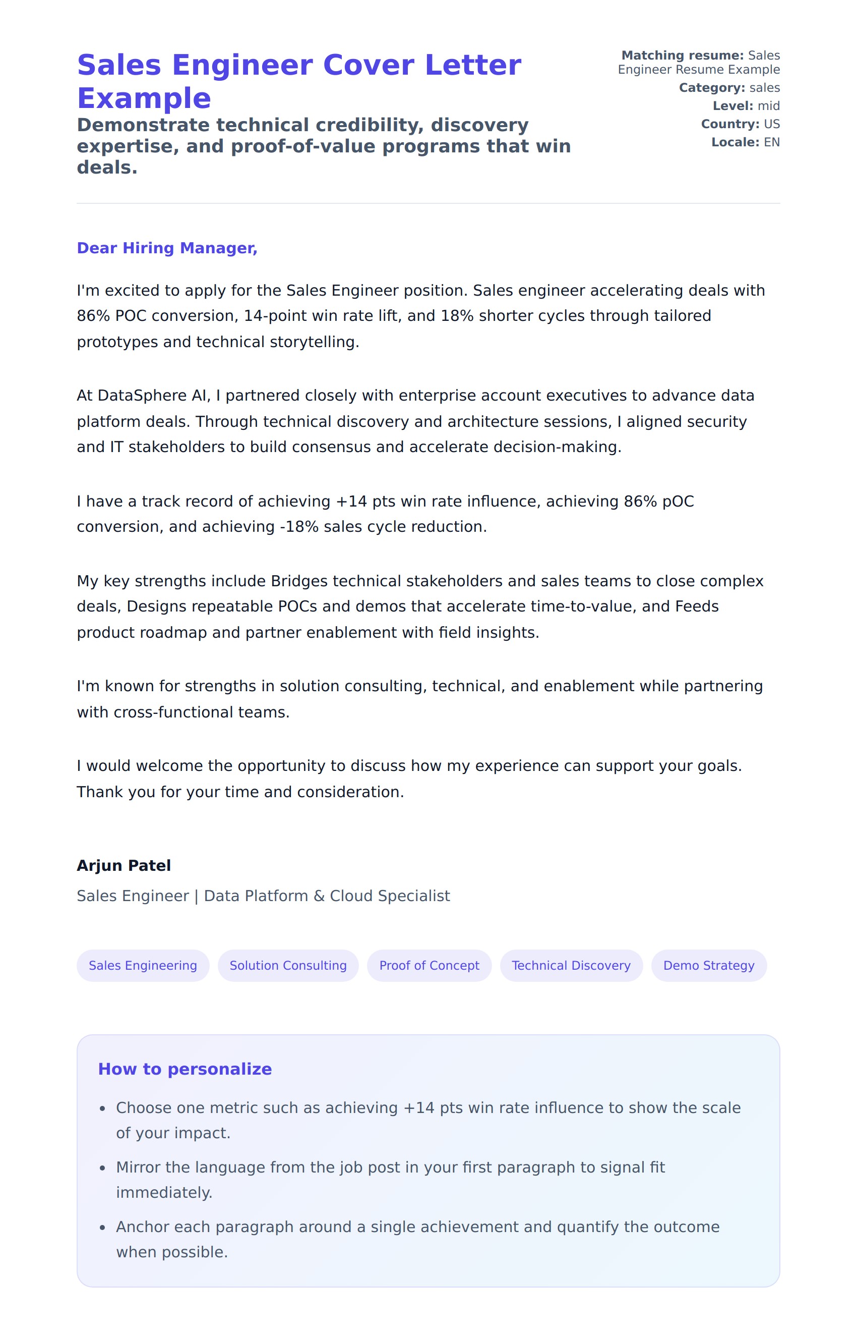 Cover Letter preview for Sales Engineer Cover Letter Example