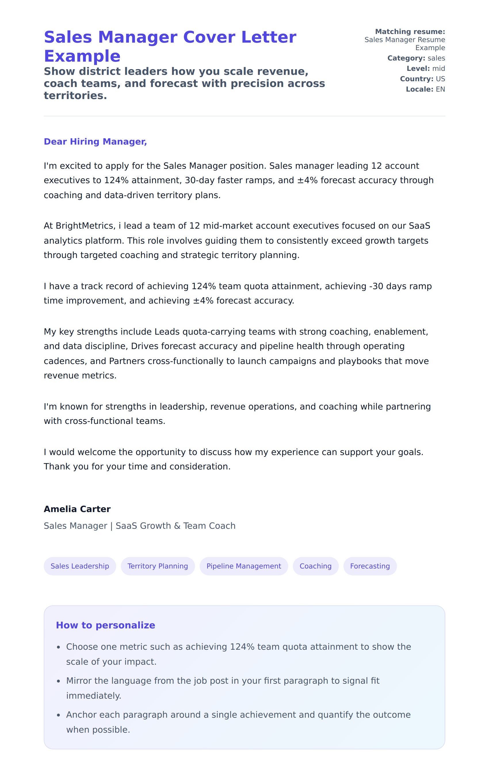 Cover Letter preview for Sales Manager Cover Letter Example