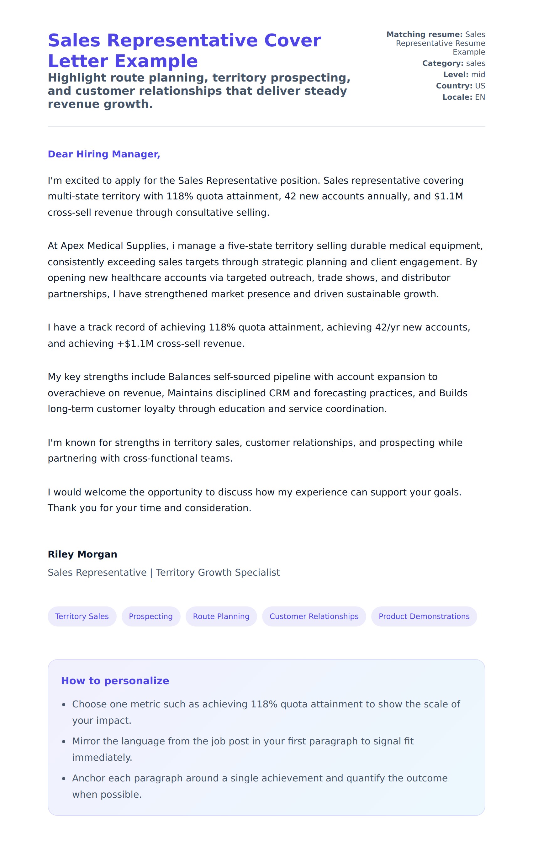 Cover Letter preview for Sales Representative Cover Letter Example
