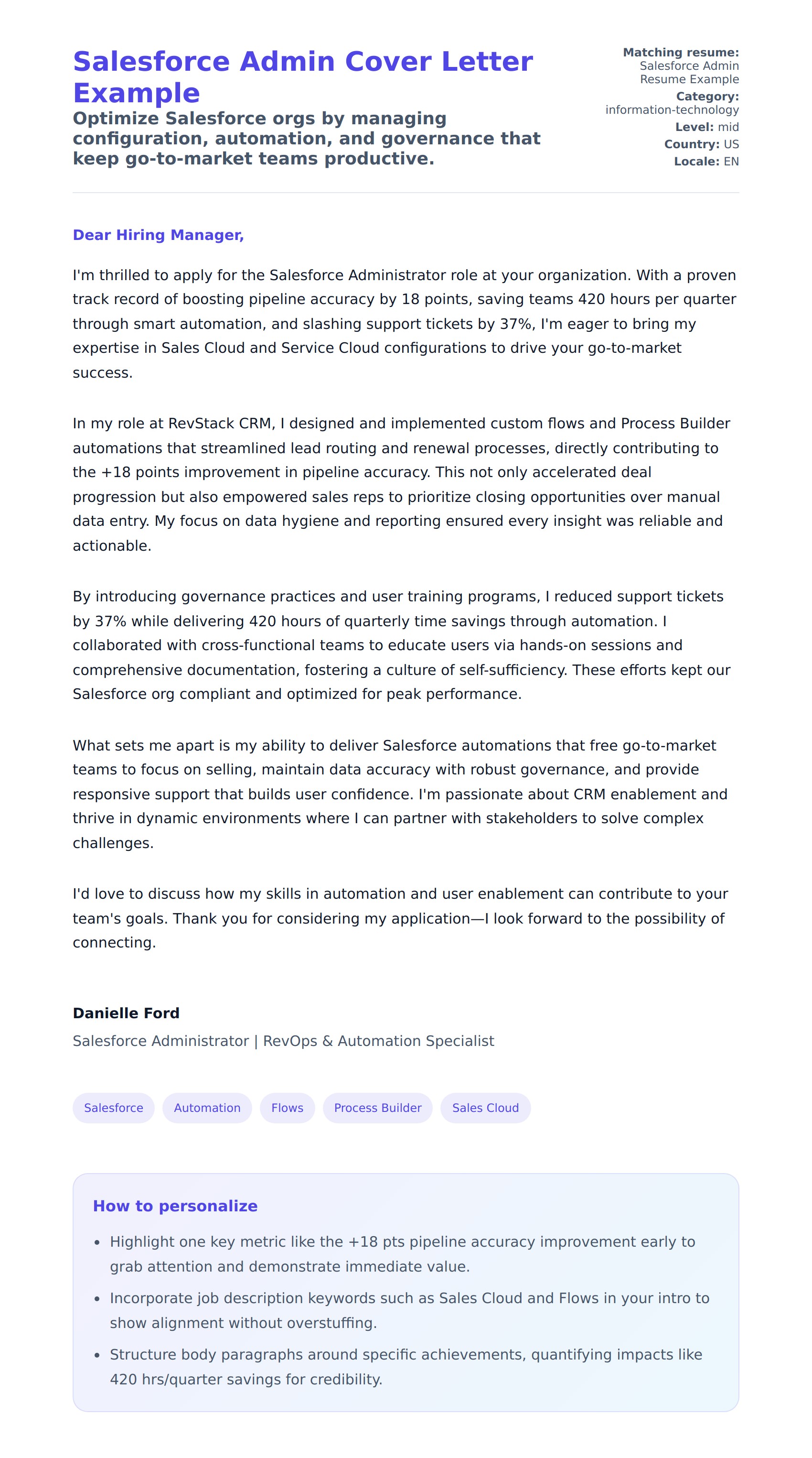 Cover Letter preview for Salesforce Admin Cover Letter Example