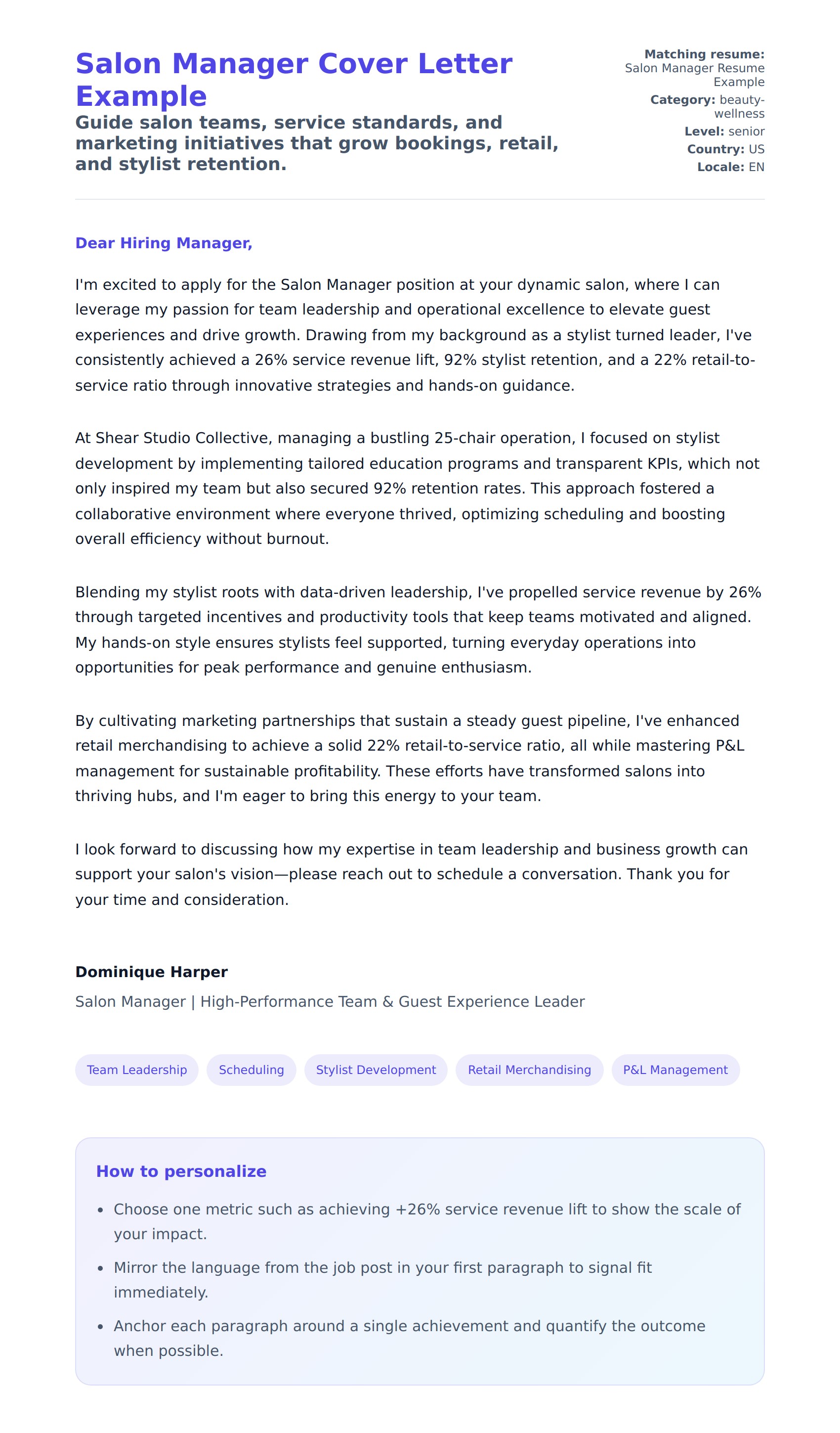 Cover Letter preview for Salon Manager Cover Letter Example