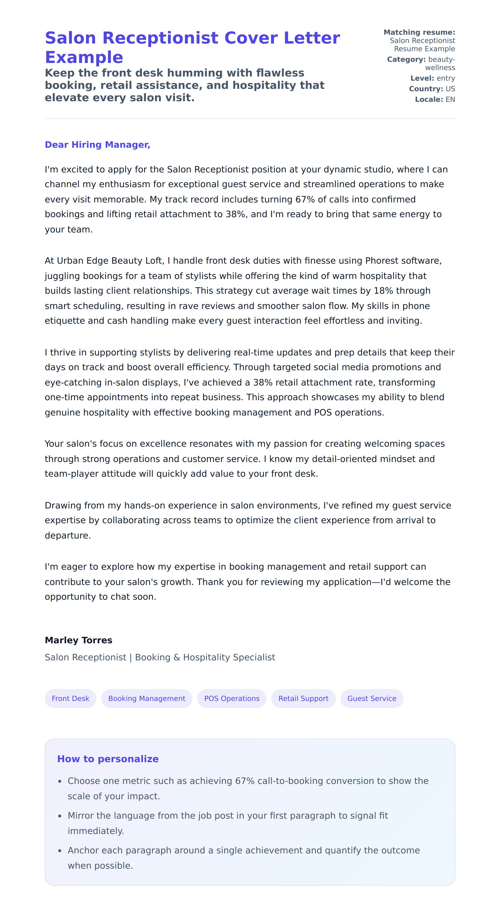 Cover Letter preview for Salon Receptionist Cover Letter Example