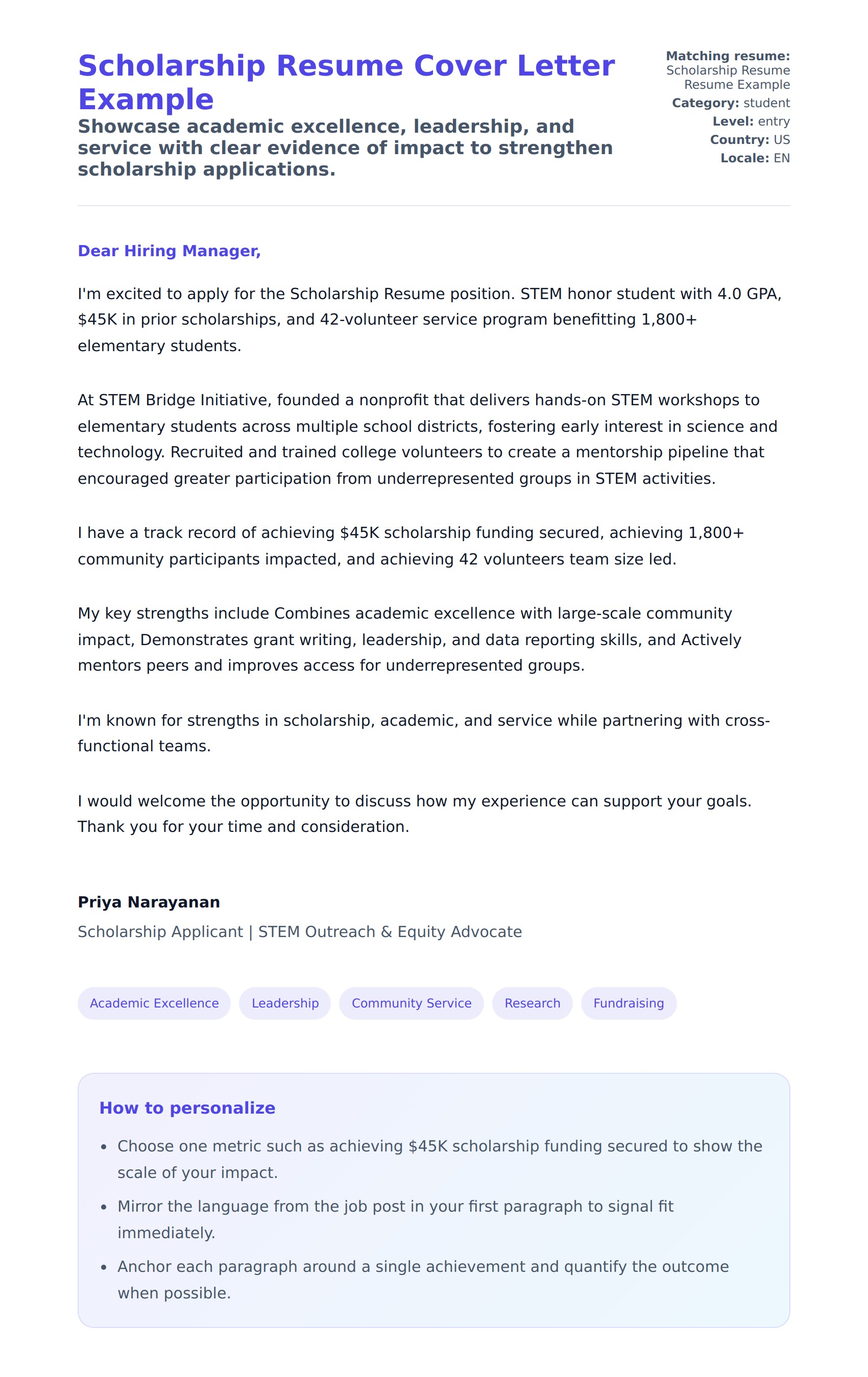 Cover Letter preview for Scholarship Resume Cover Letter Example