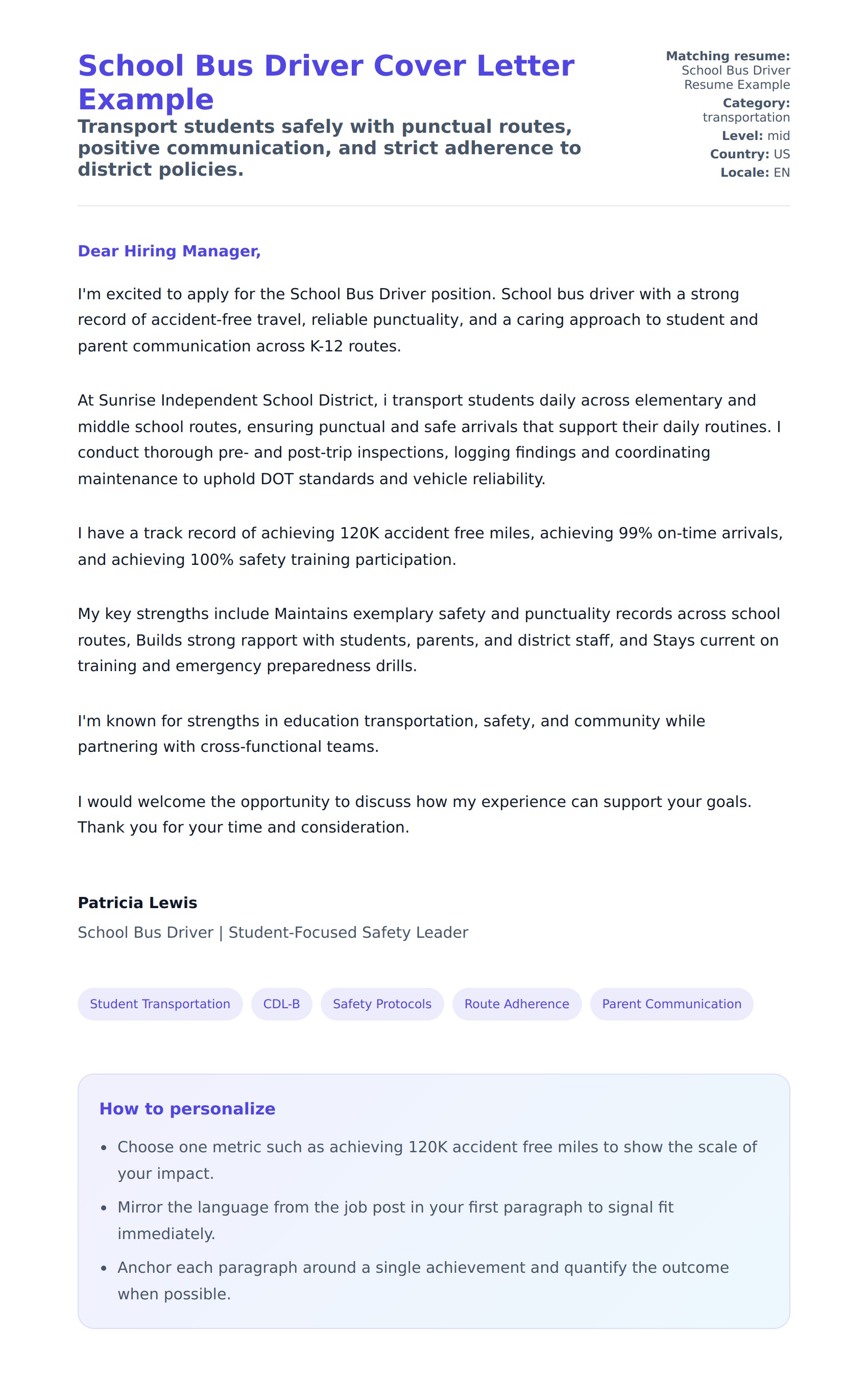 Cover Letter preview for School Bus Driver Cover Letter Example