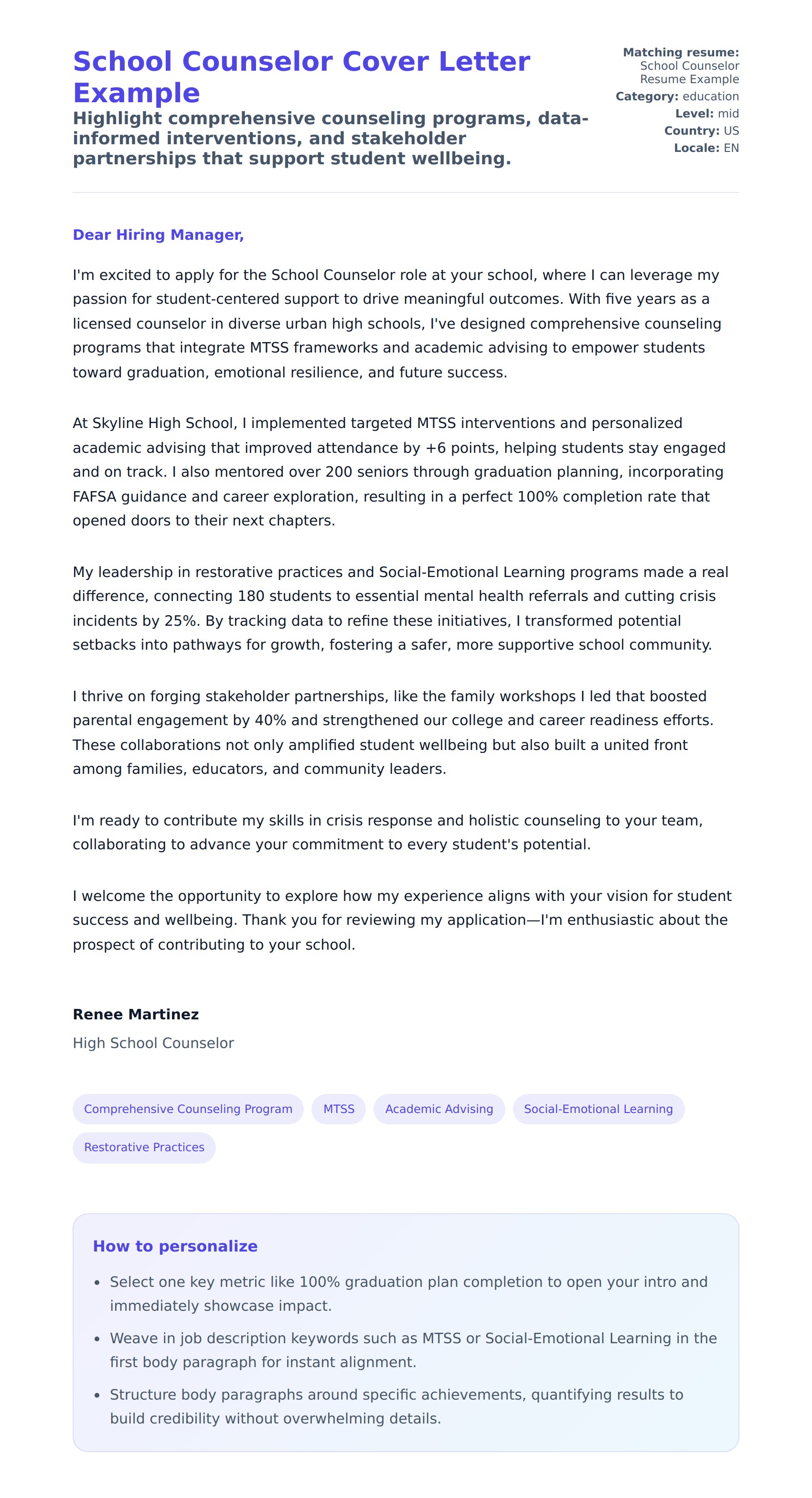 Cover Letter preview for School Counselor Cover Letter Example