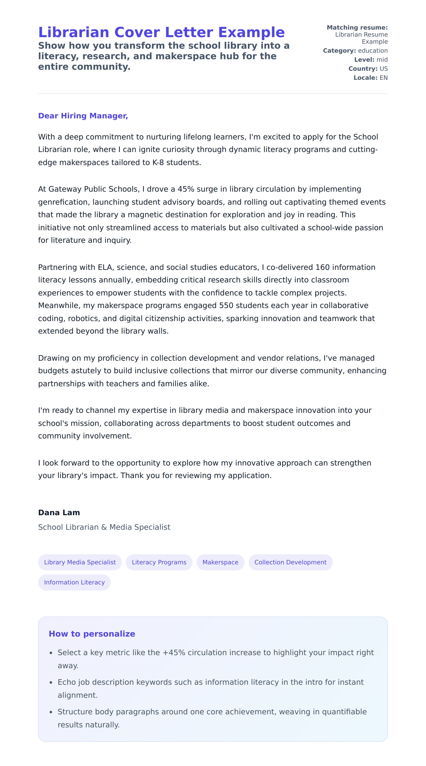 Cover Letter preview for Librarian Cover Letter Example