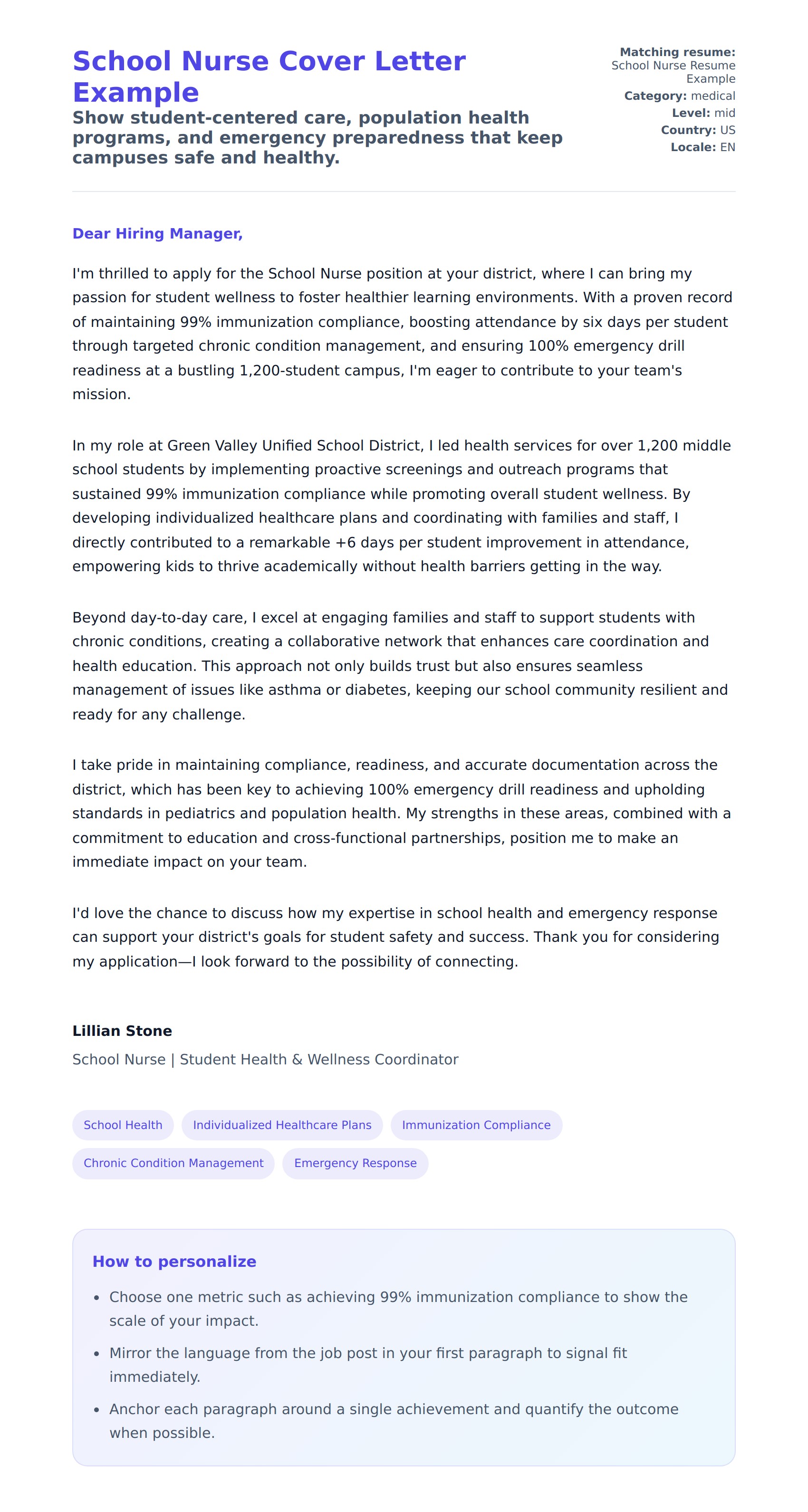 Cover Letter preview for School Nurse Cover Letter Example