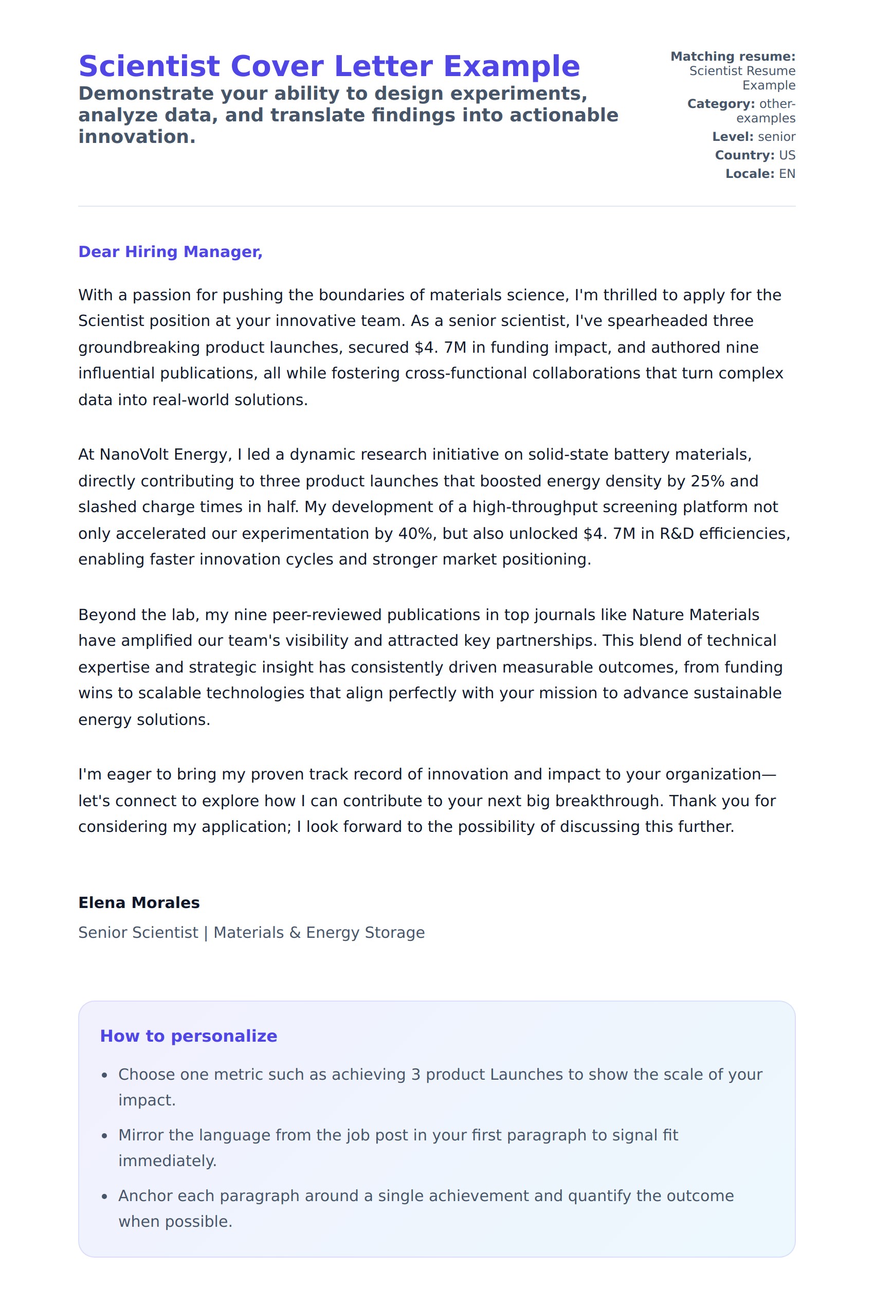 Cover Letter preview for Scientist Cover Letter Example