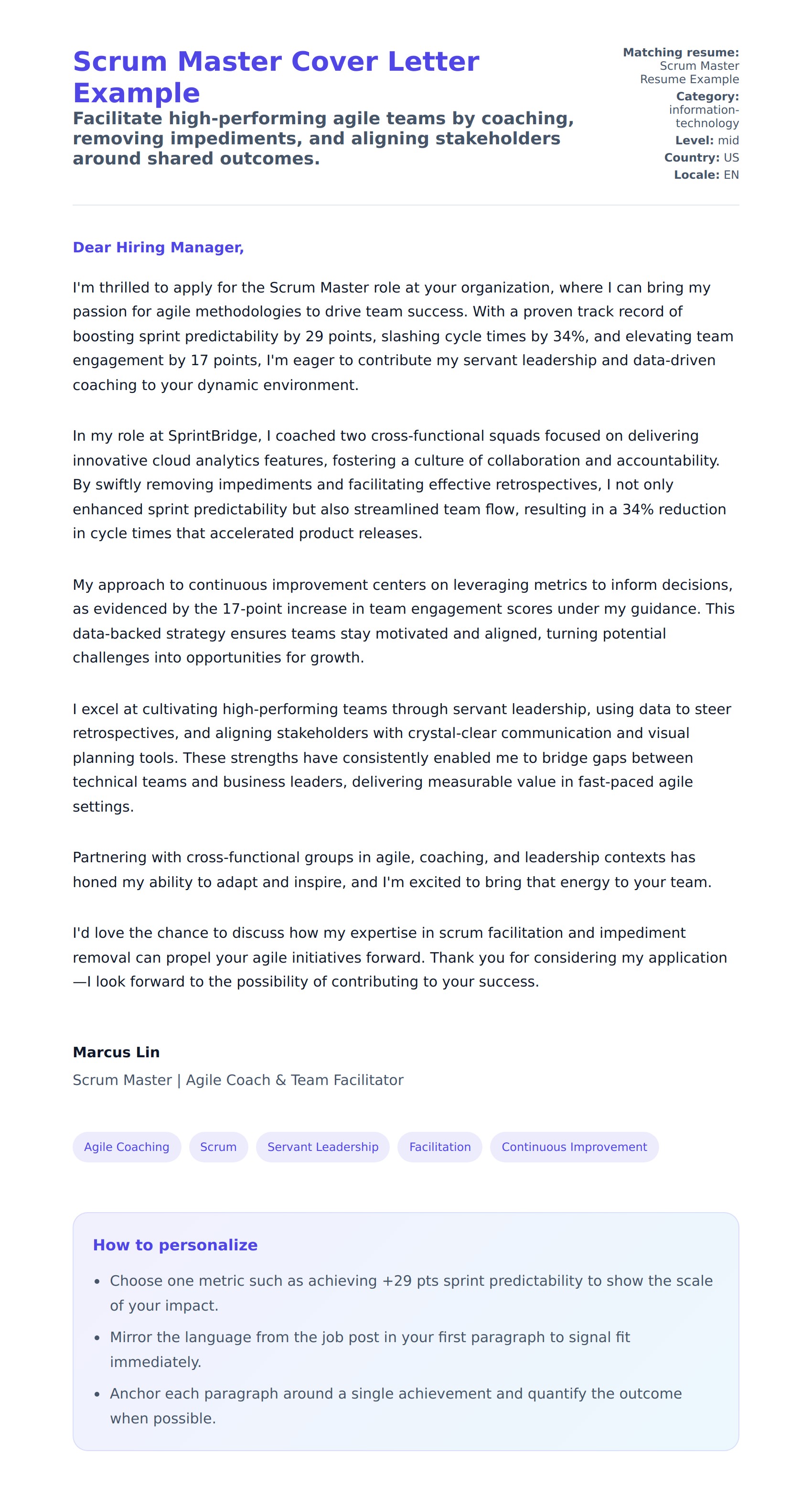 Cover Letter preview for Scrum Master Cover Letter Example