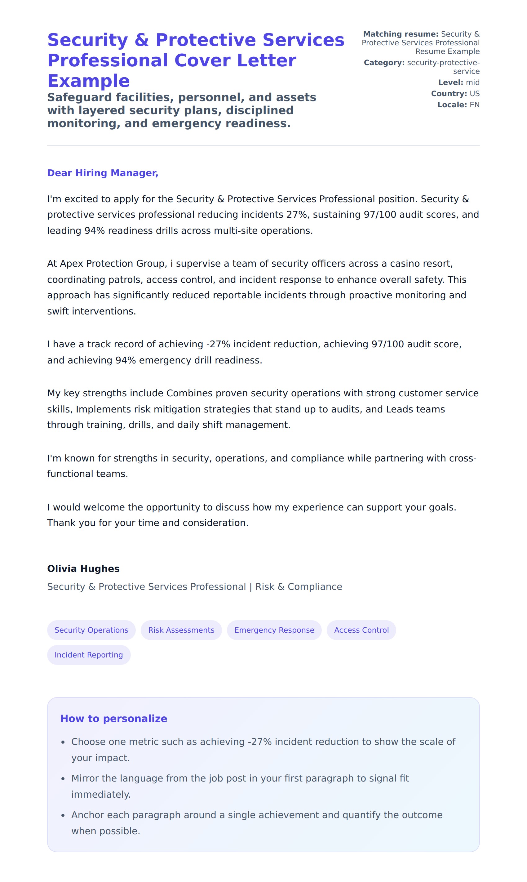 Cover Letter preview for Security & Protective Services Professional Cover Letter Example