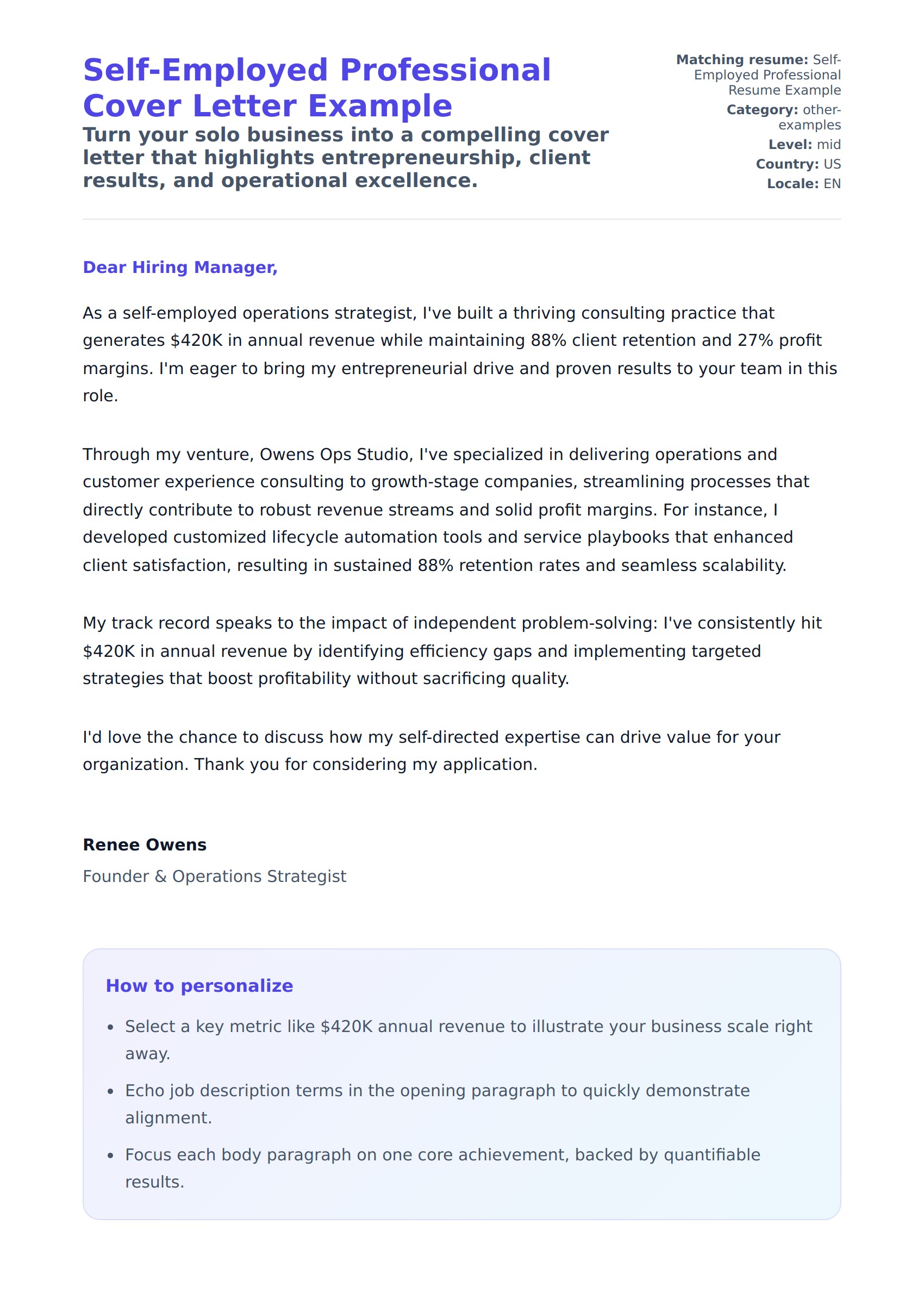 Cover Letter preview for Self-Employed Professional Cover Letter Example