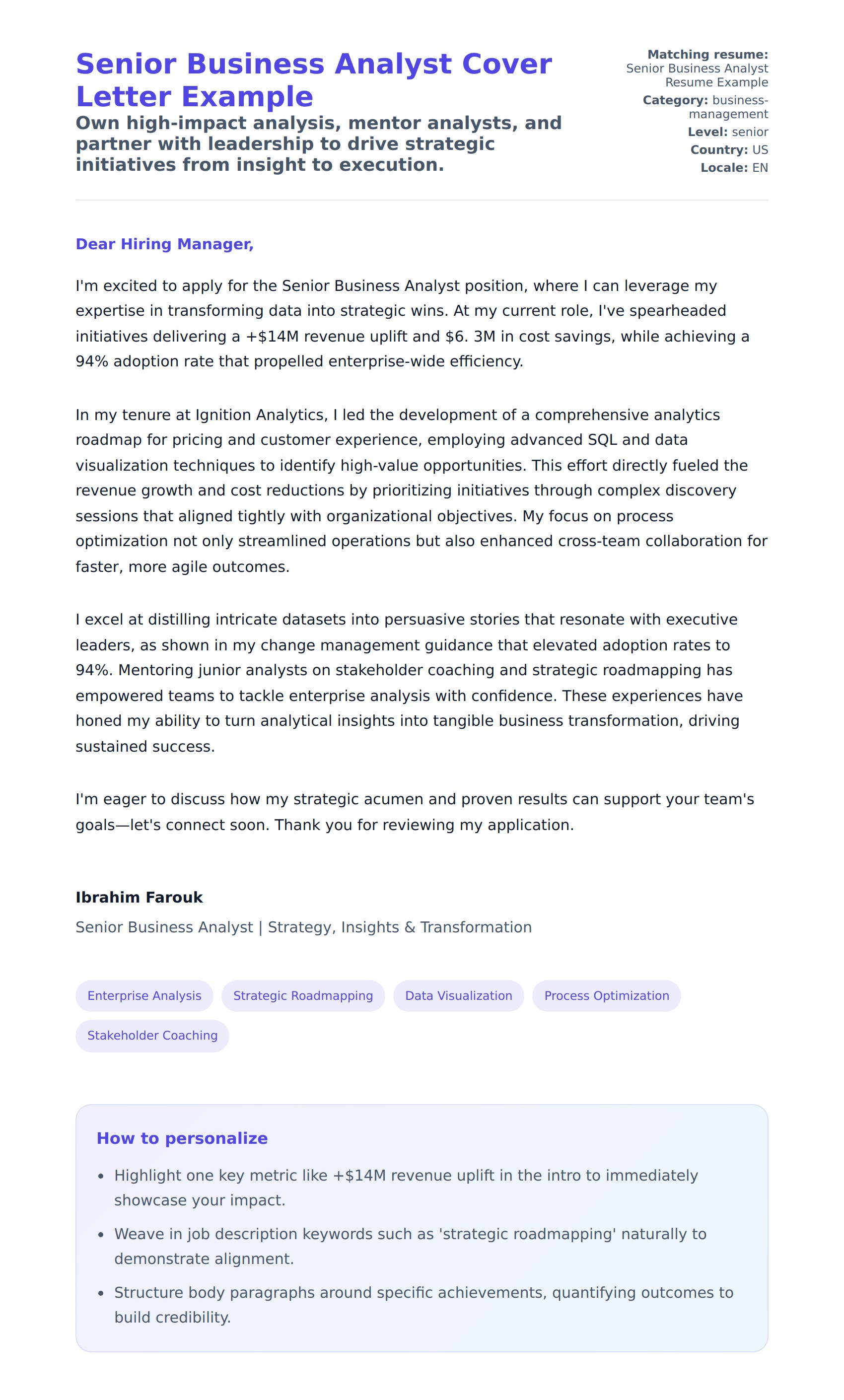 Cover Letter preview for Senior Business Analyst Cover Letter Example