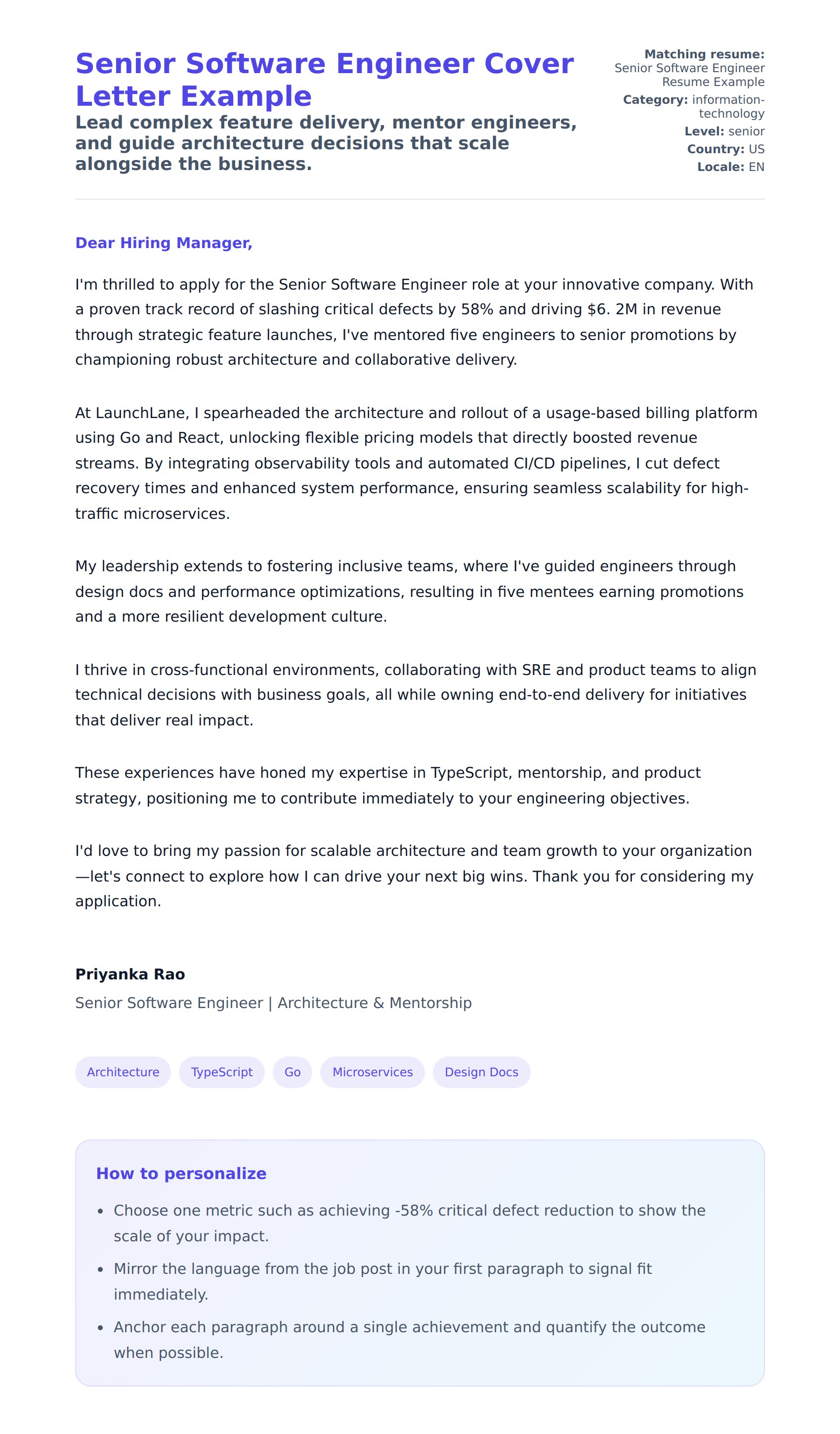 Cover Letter preview for Senior Software Engineer Cover Letter Example