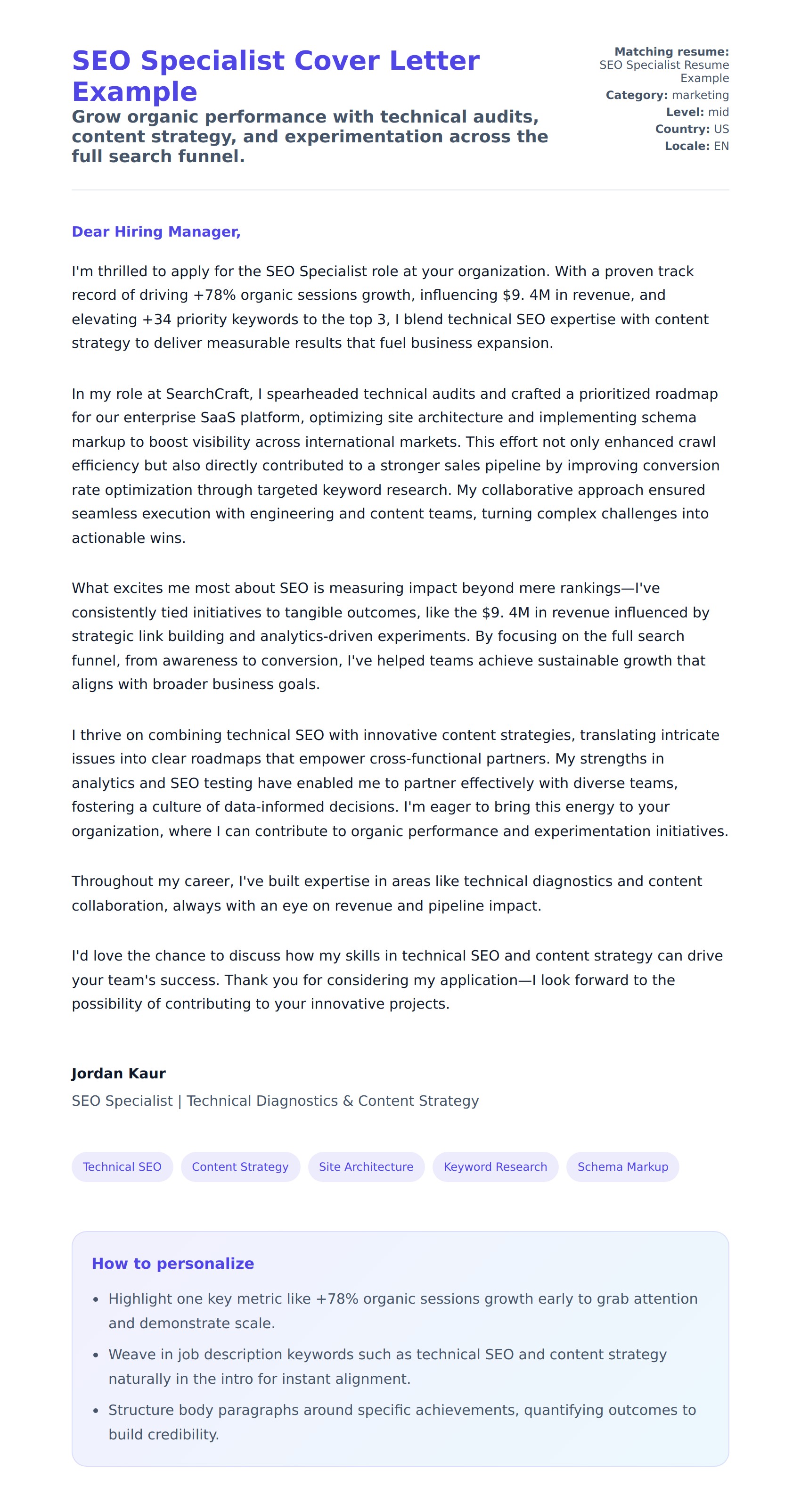 Cover Letter preview for SEO Specialist Cover Letter Example