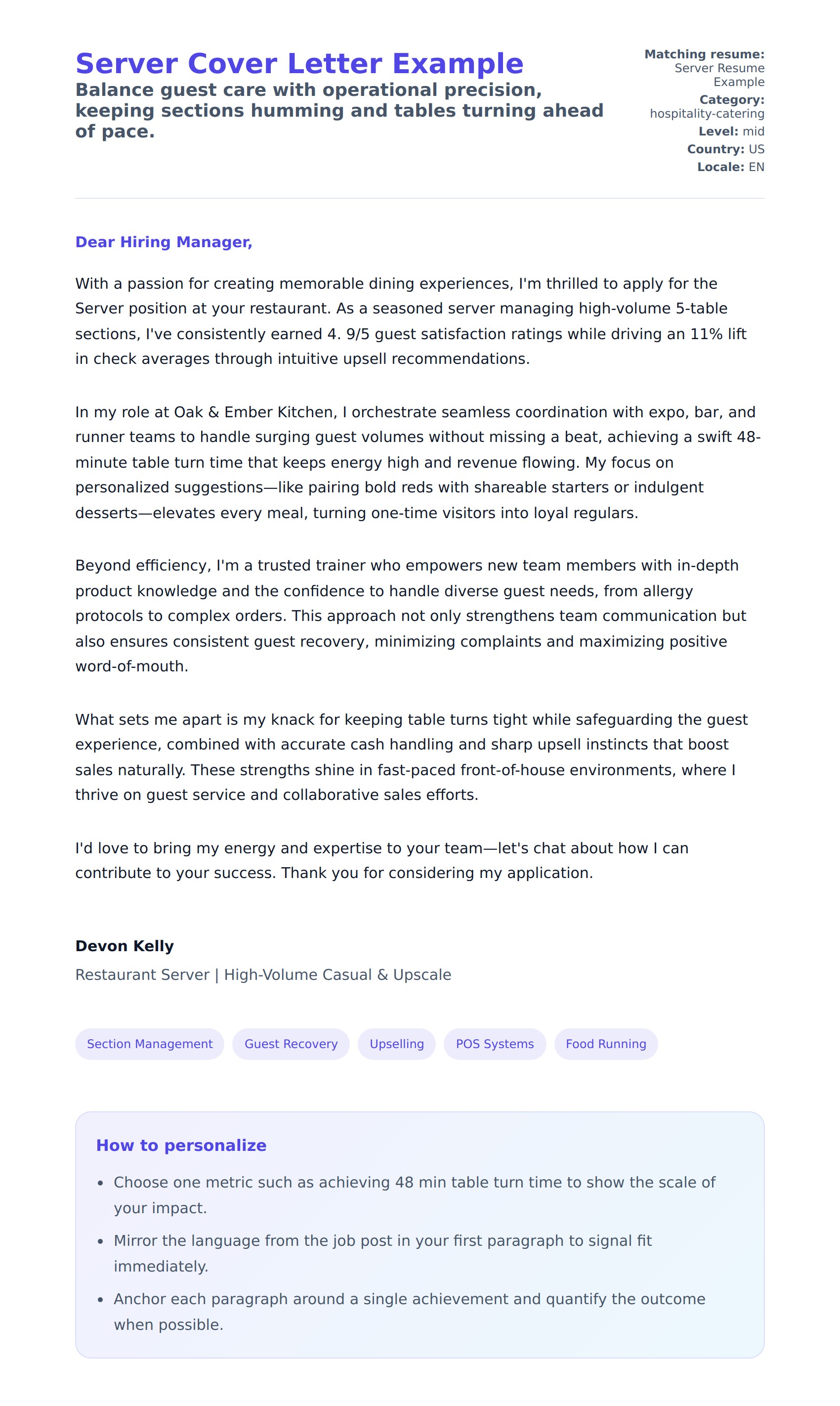 Cover Letter preview for Server Cover Letter Example