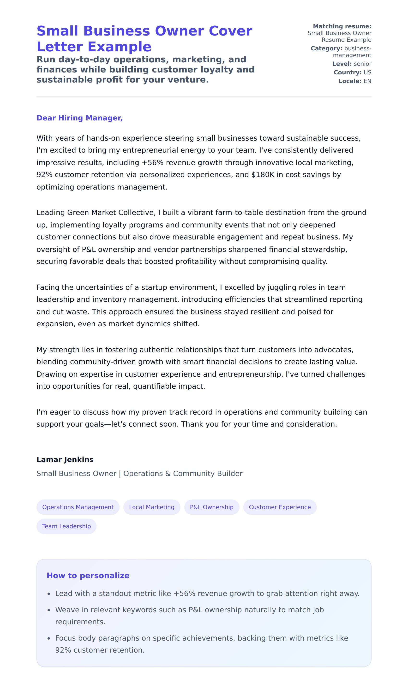 Cover Letter preview for Small Business Owner Cover Letter Example