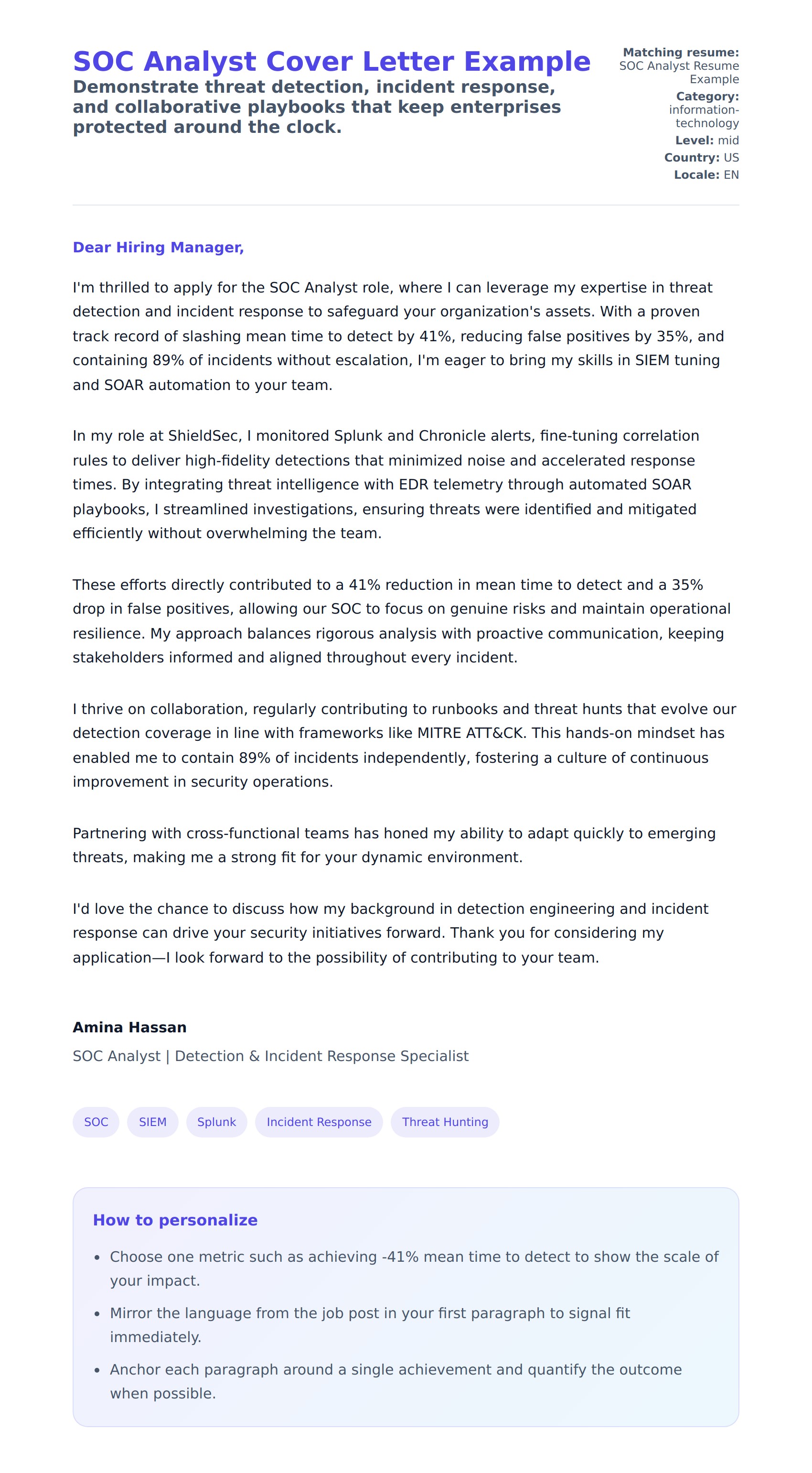 Cover Letter preview for SOC Analyst Cover Letter Example