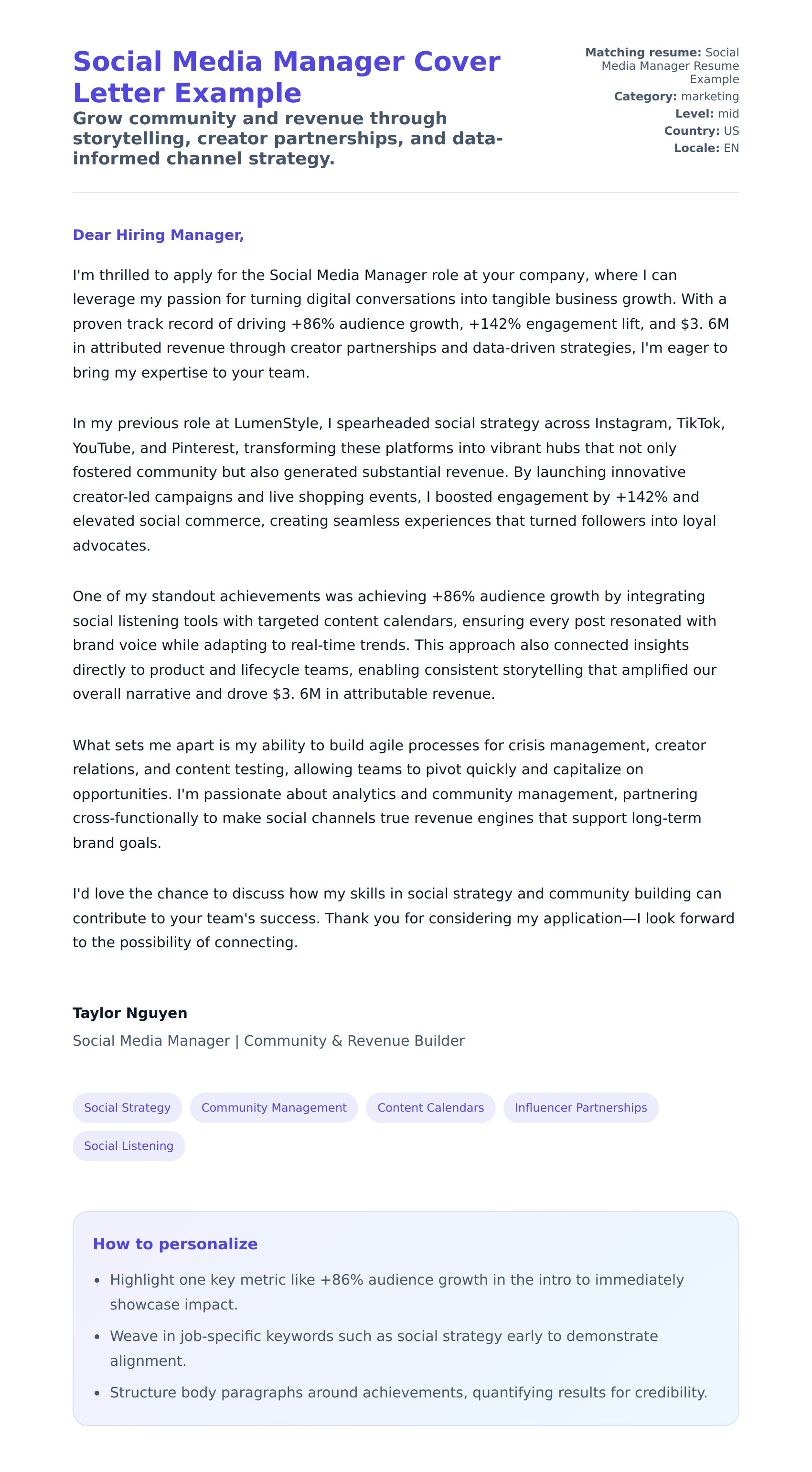 Cover Letter preview for Social Media Manager Cover Letter Example