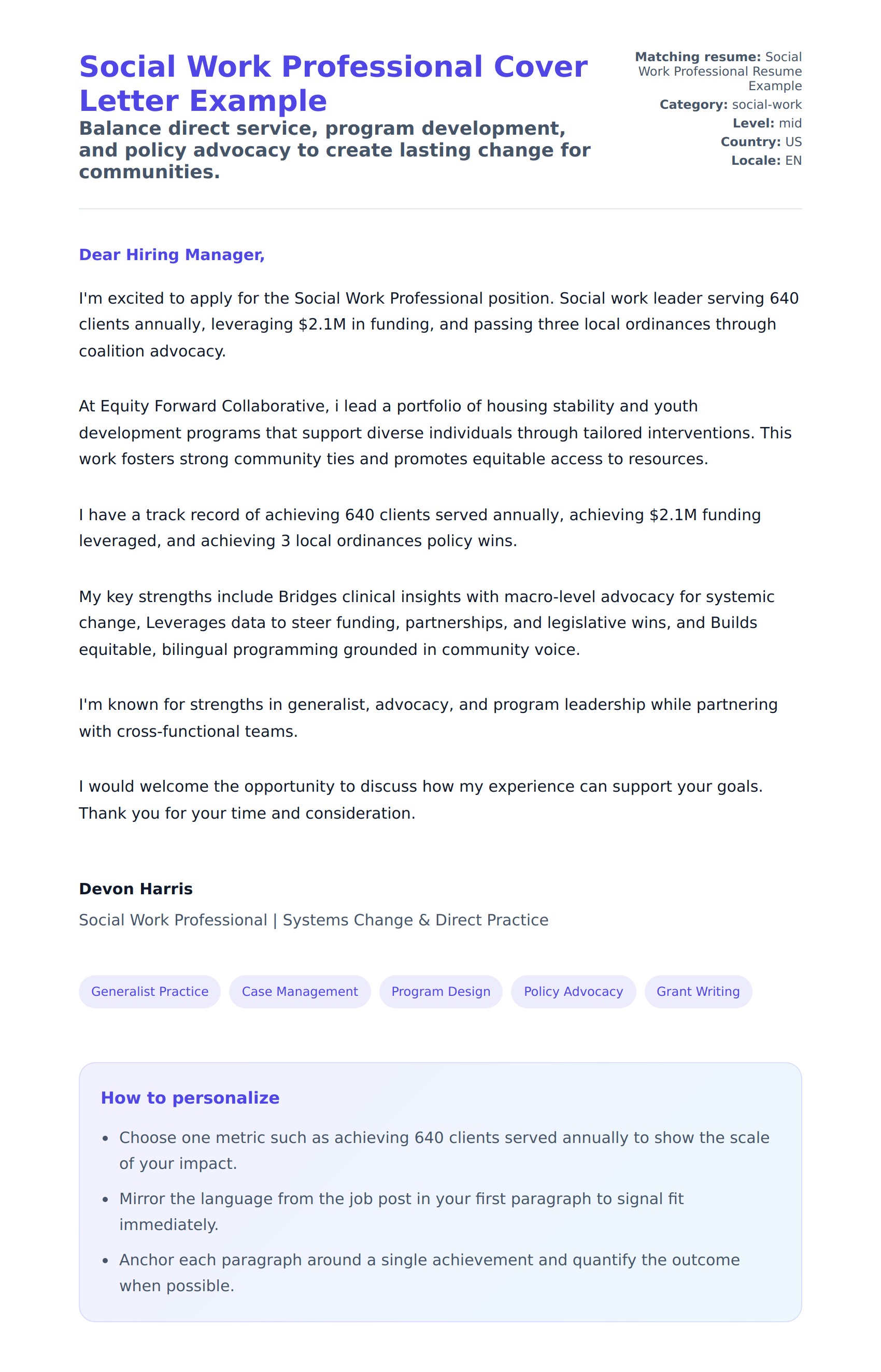 Cover Letter preview for Social Work Professional Cover Letter Example