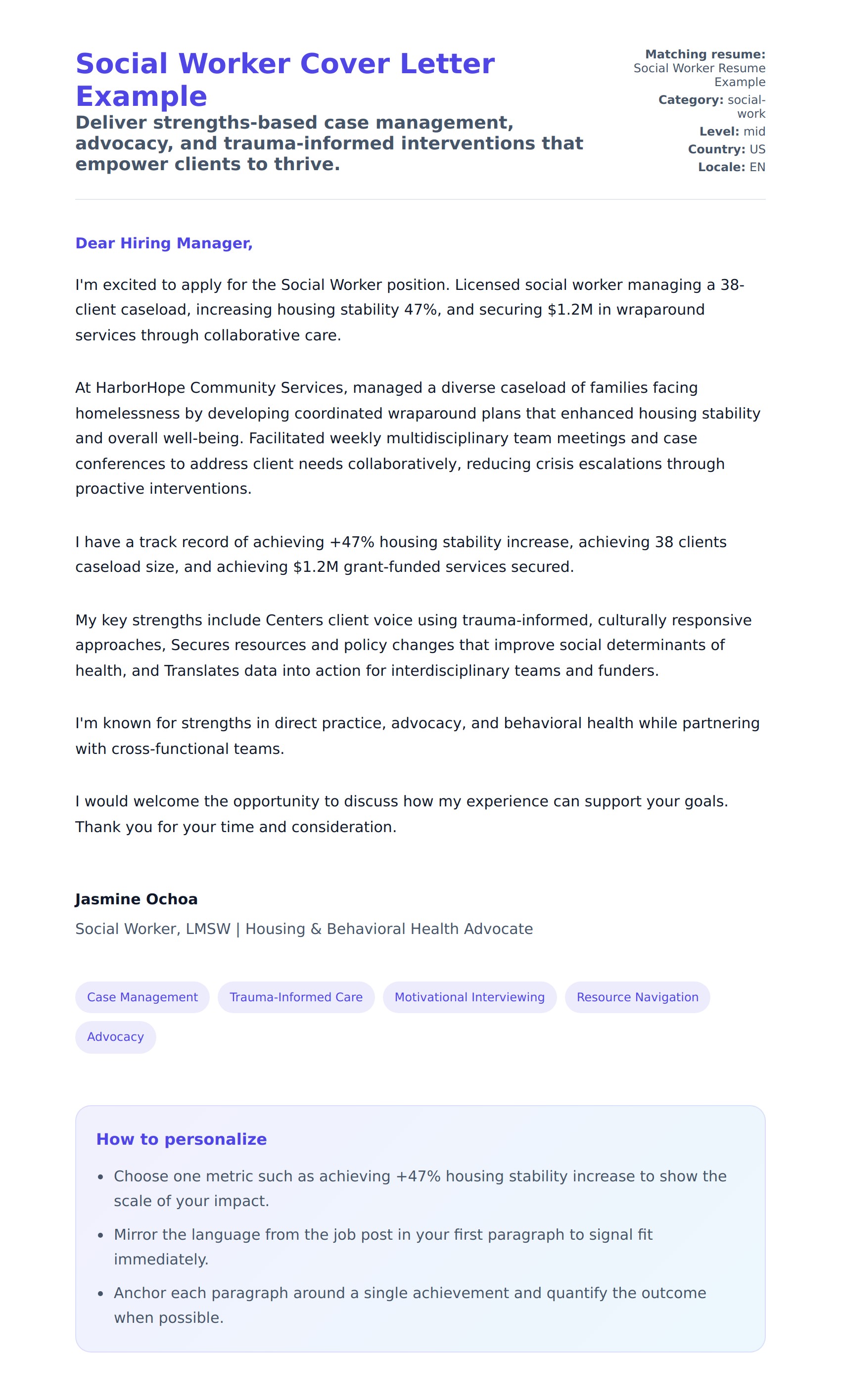 Cover Letter preview for Social Worker Cover Letter Example