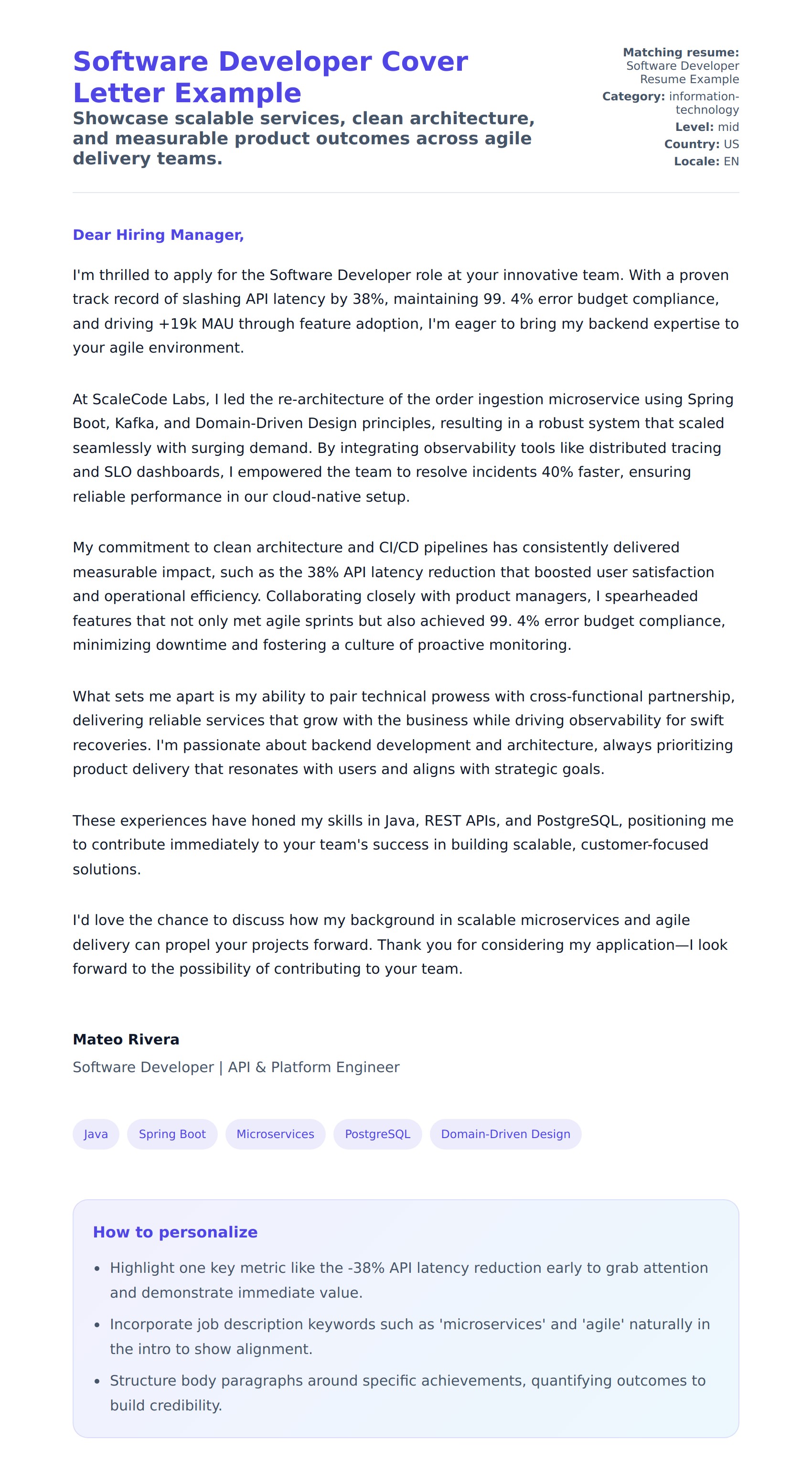 Cover Letter preview for Software Developer Cover Letter Example