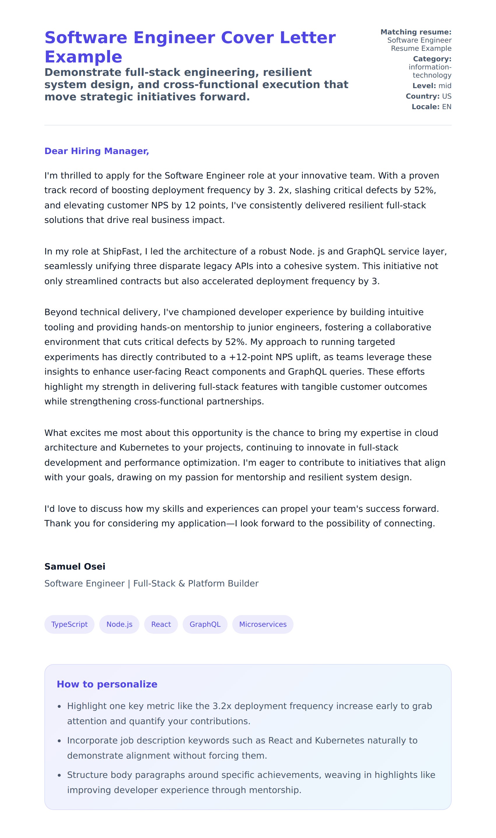 Cover Letter preview for Software Engineer Cover Letter Example