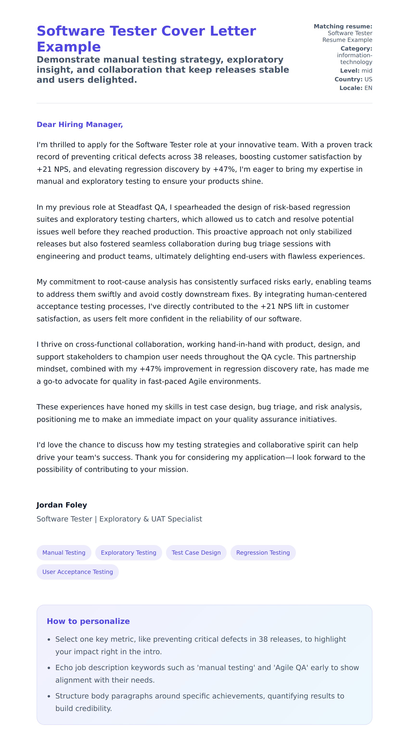 Cover Letter preview for Software Tester Cover Letter Example