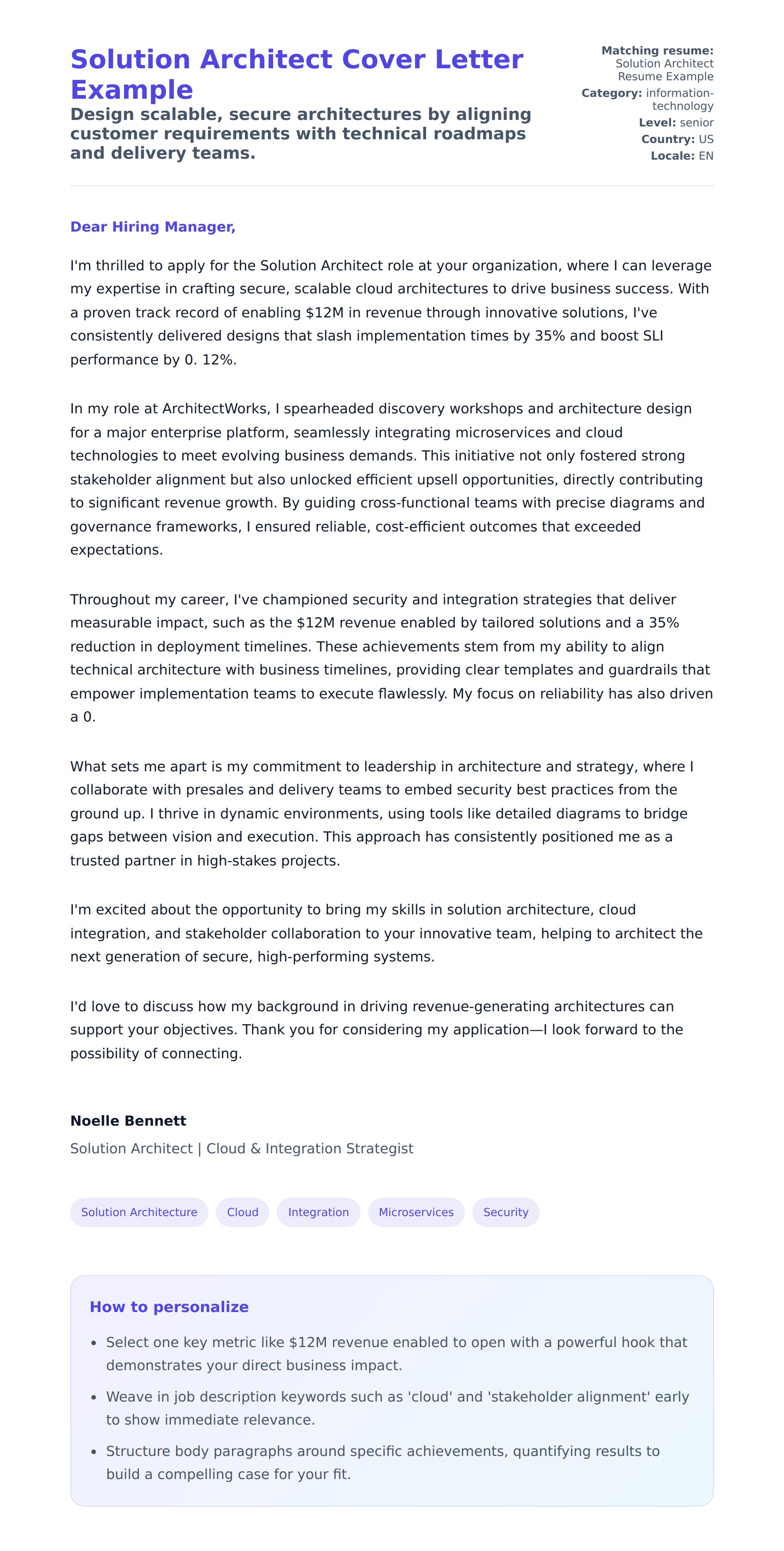 Cover Letter preview for Solution Architect Cover Letter Example