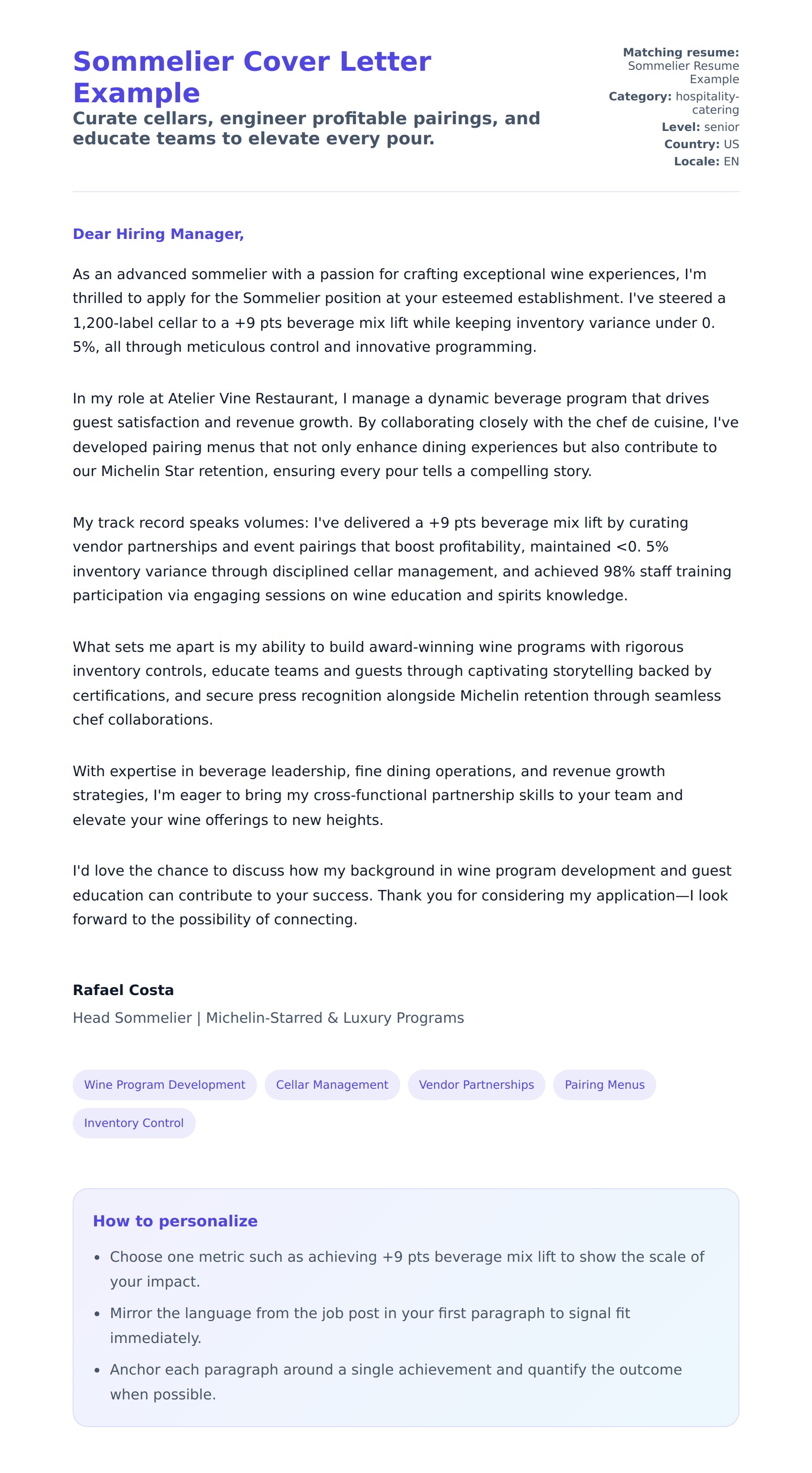 Cover Letter preview for Sommelier Cover Letter Example