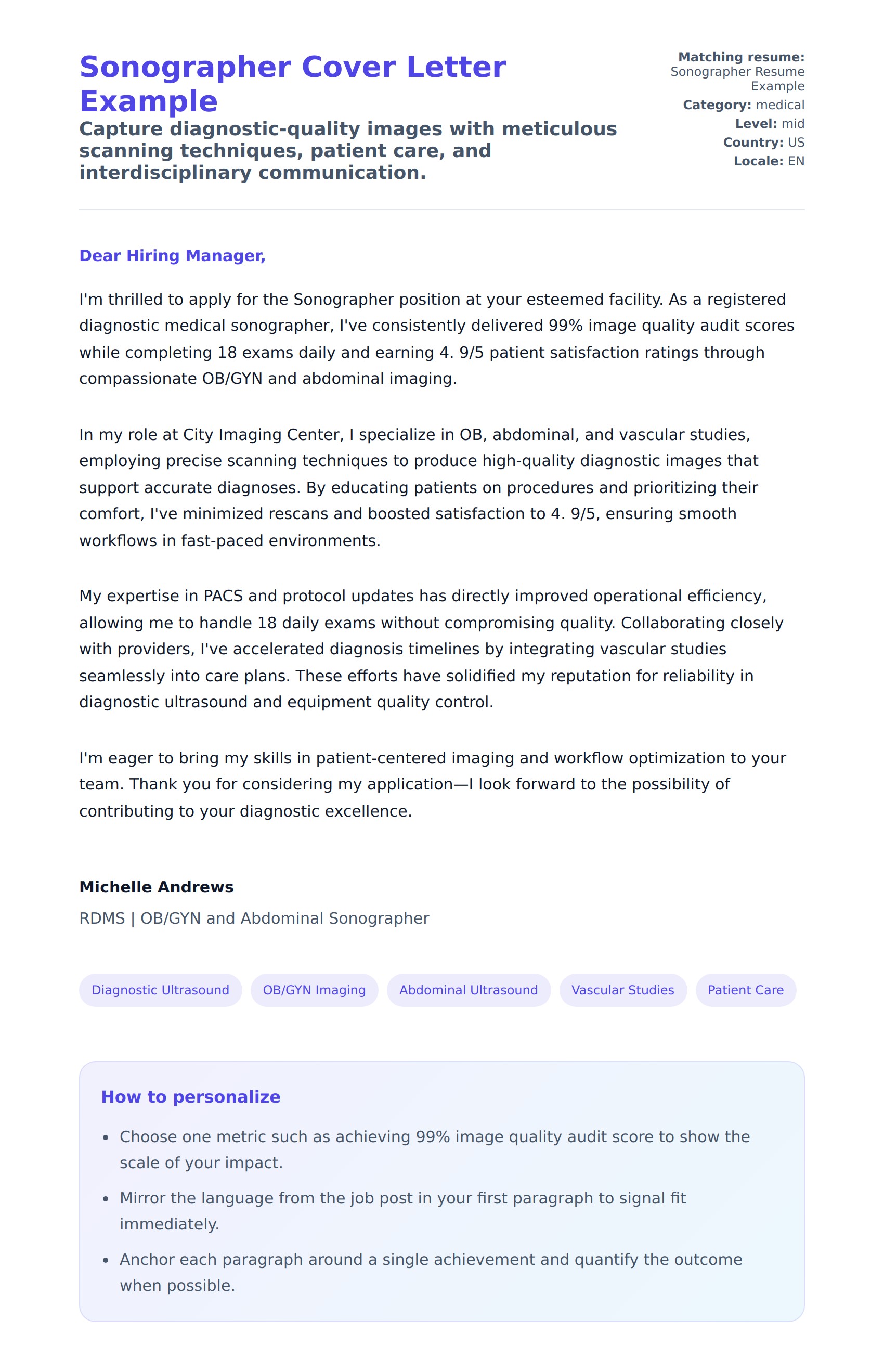 Cover Letter preview for Sonographer Cover Letter Example