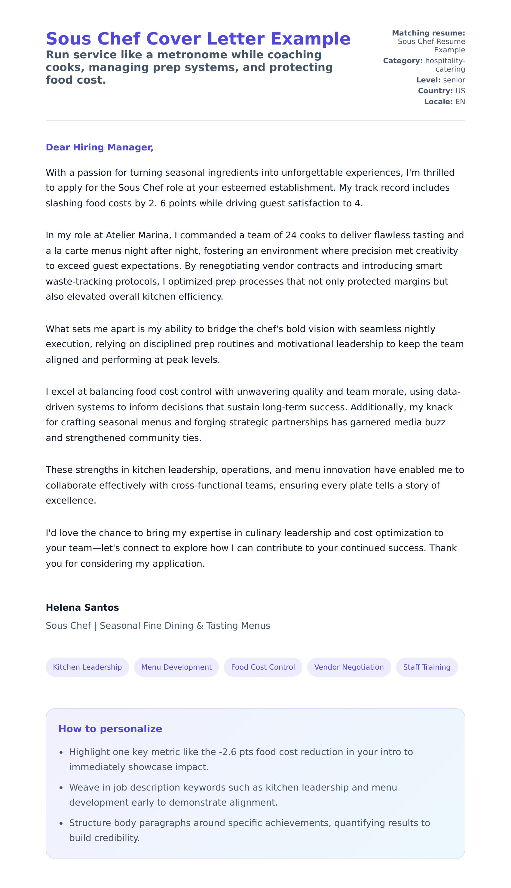 Cover Letter preview for Sous Chef Cover Letter Example