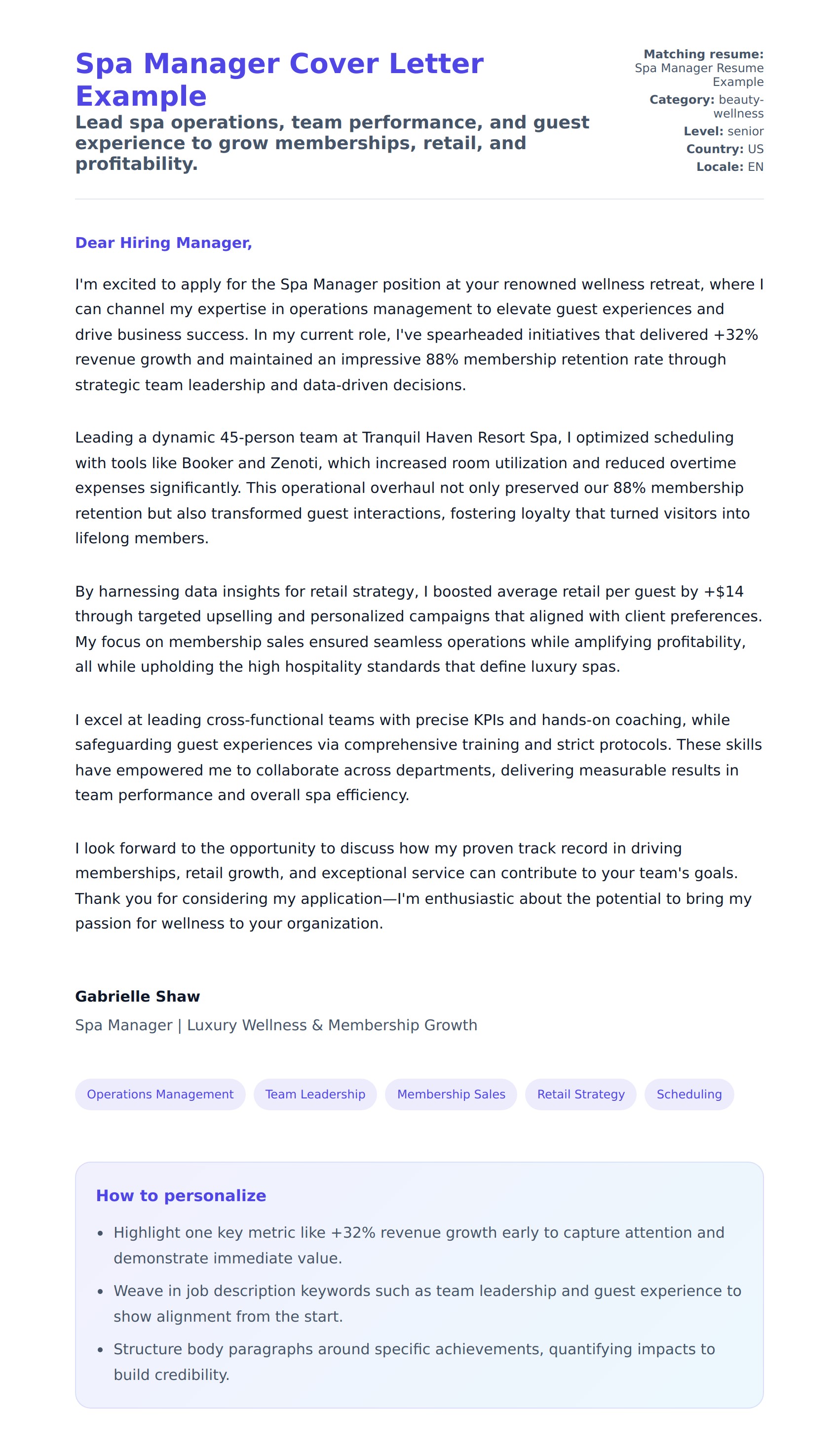 Cover Letter preview for Spa Manager Cover Letter Example