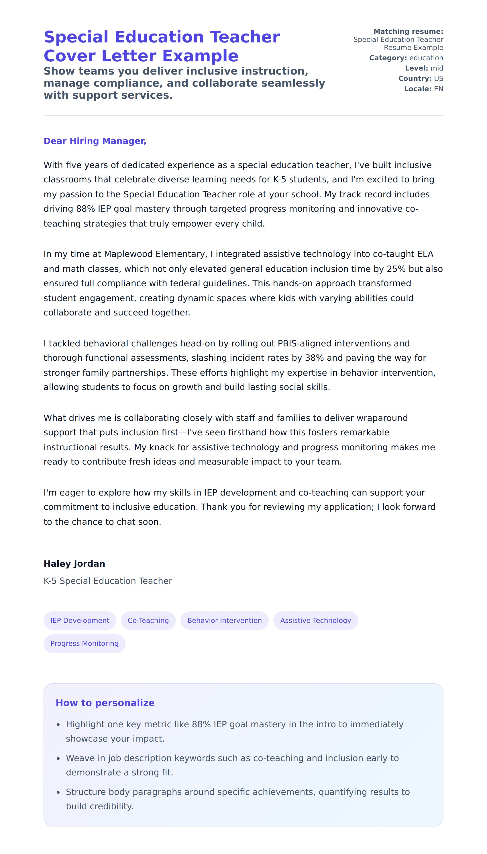 Cover Letter preview for Special Education Teacher Cover Letter Example