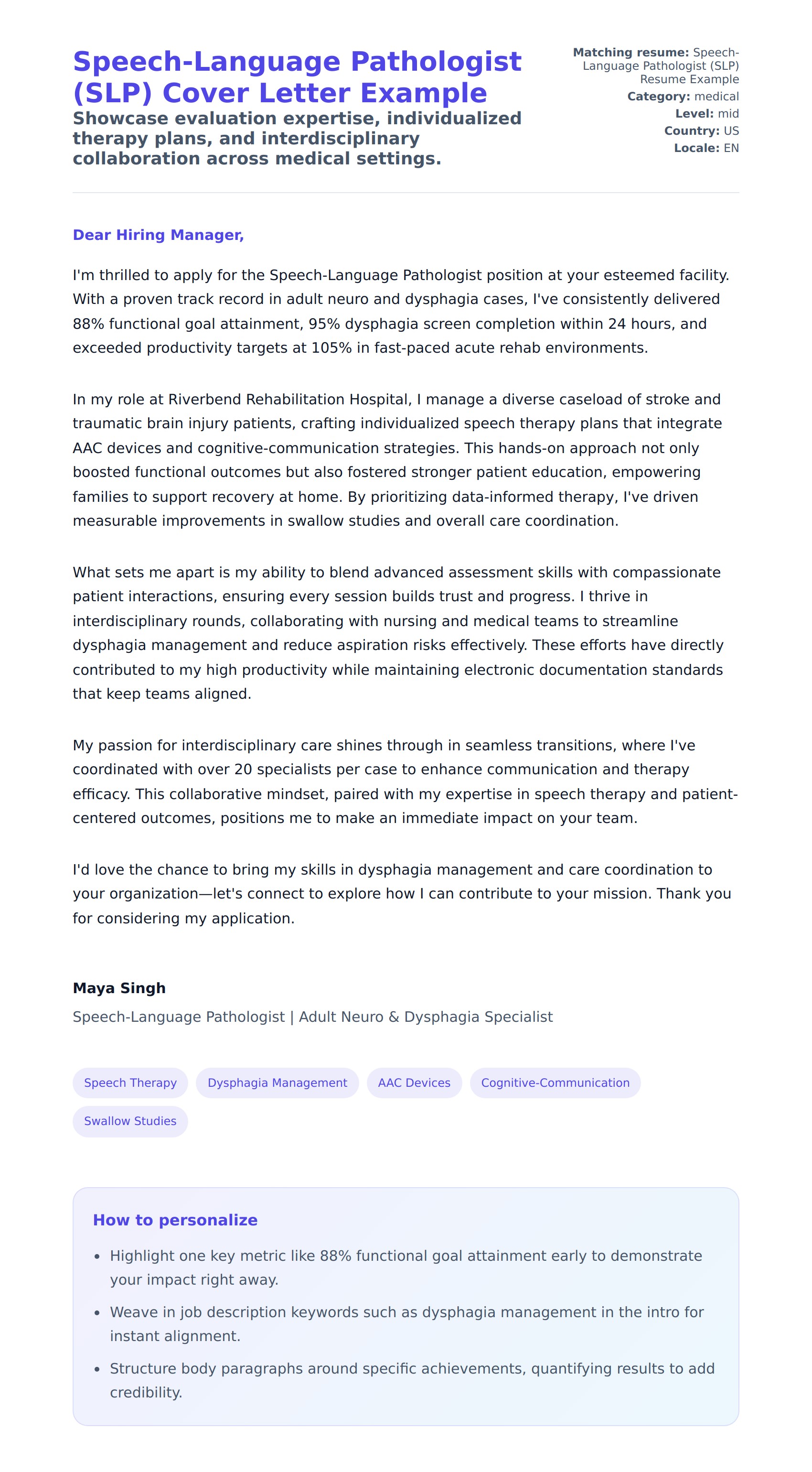 Cover Letter preview for Speech-Language Pathologist (SLP) Cover Letter Example