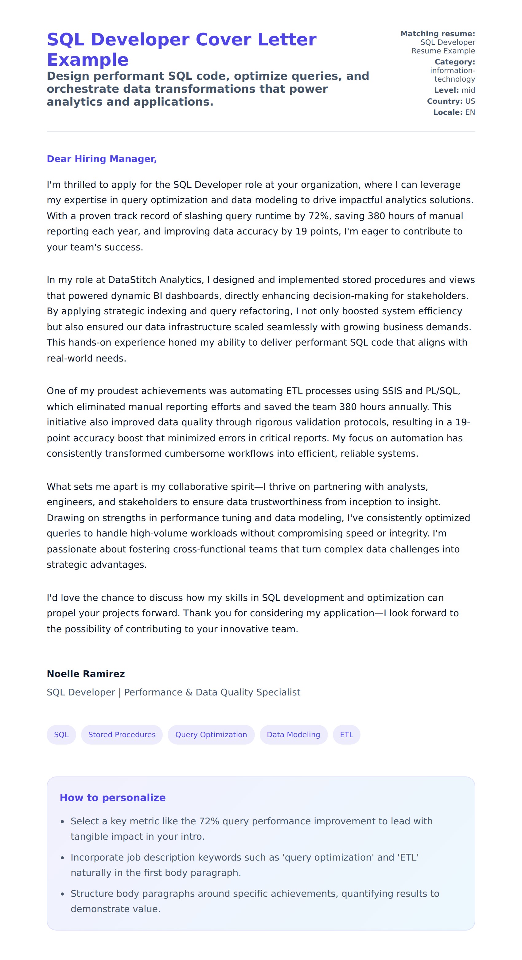 Cover Letter preview for SQL Developer Cover Letter Example