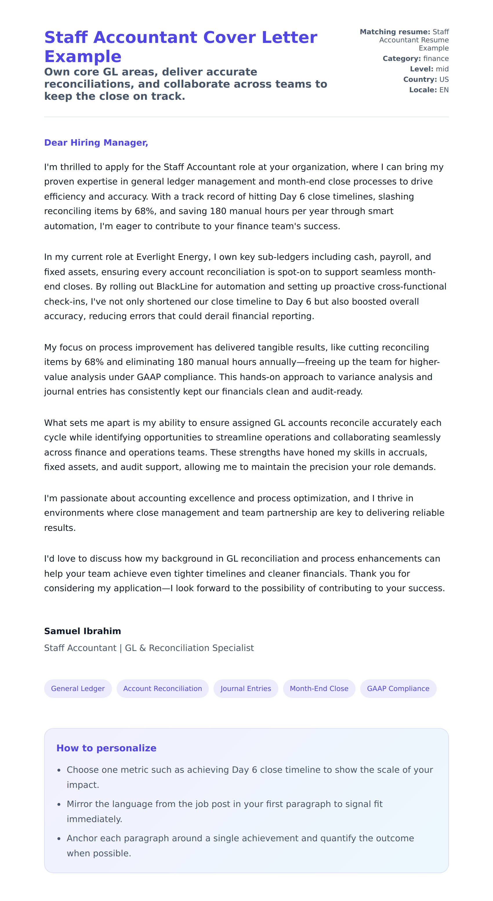 Cover Letter preview for Staff Accountant Cover Letter Example