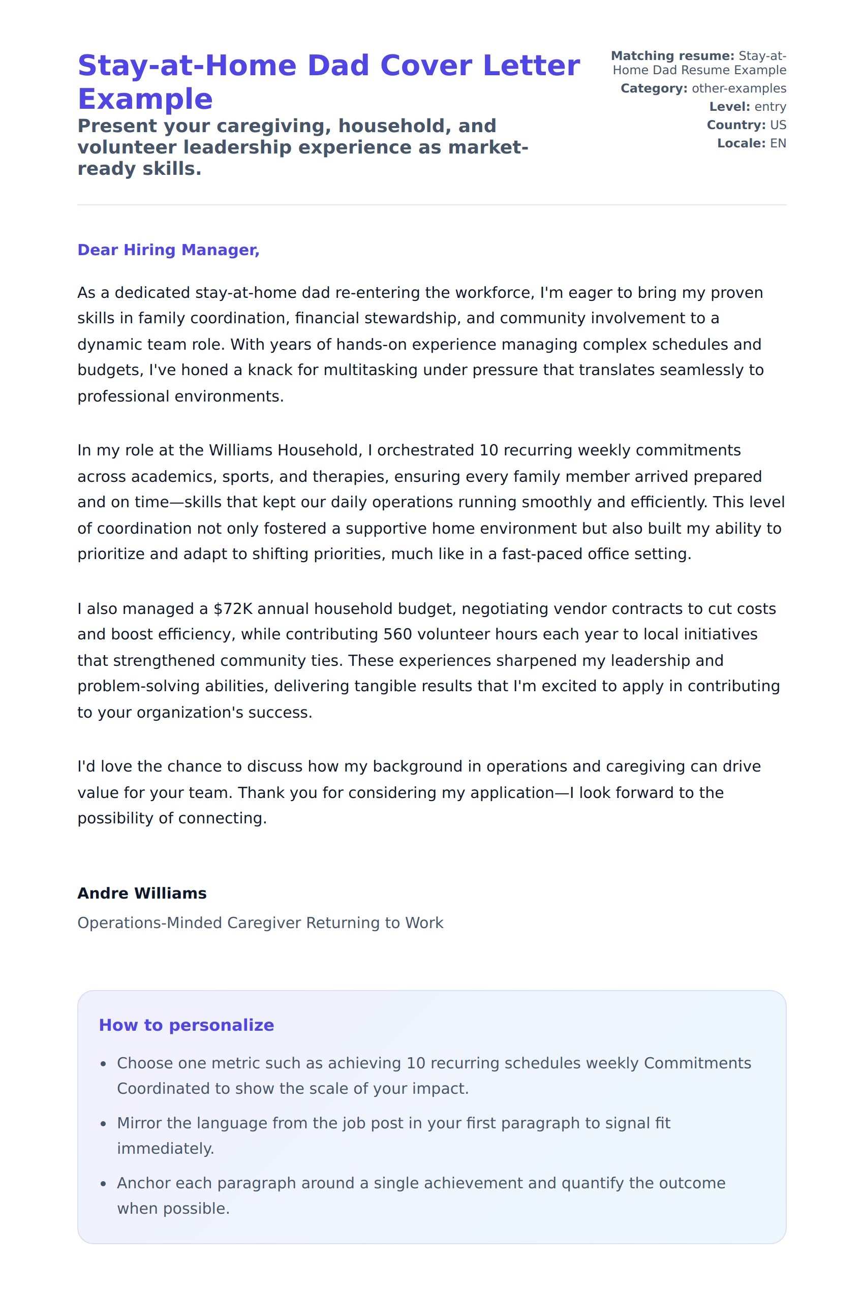 Cover Letter preview for Stay-at-Home Dad Cover Letter Example