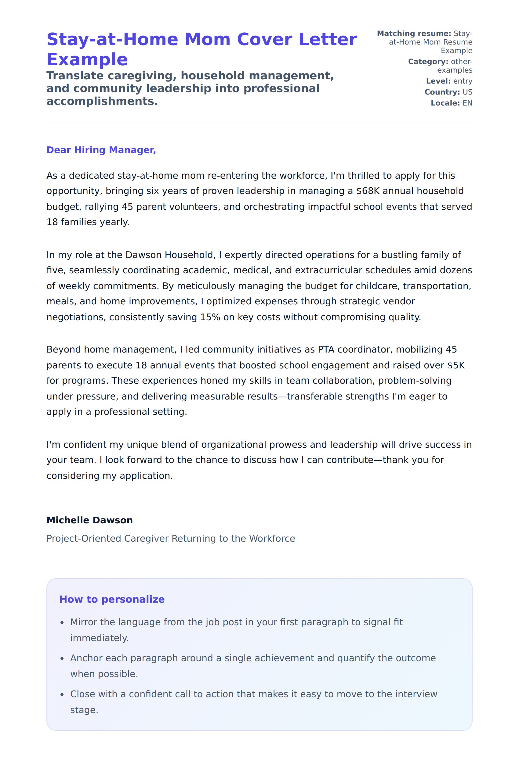 Cover Letter preview for Stay-at-Home Mom Cover Letter Example