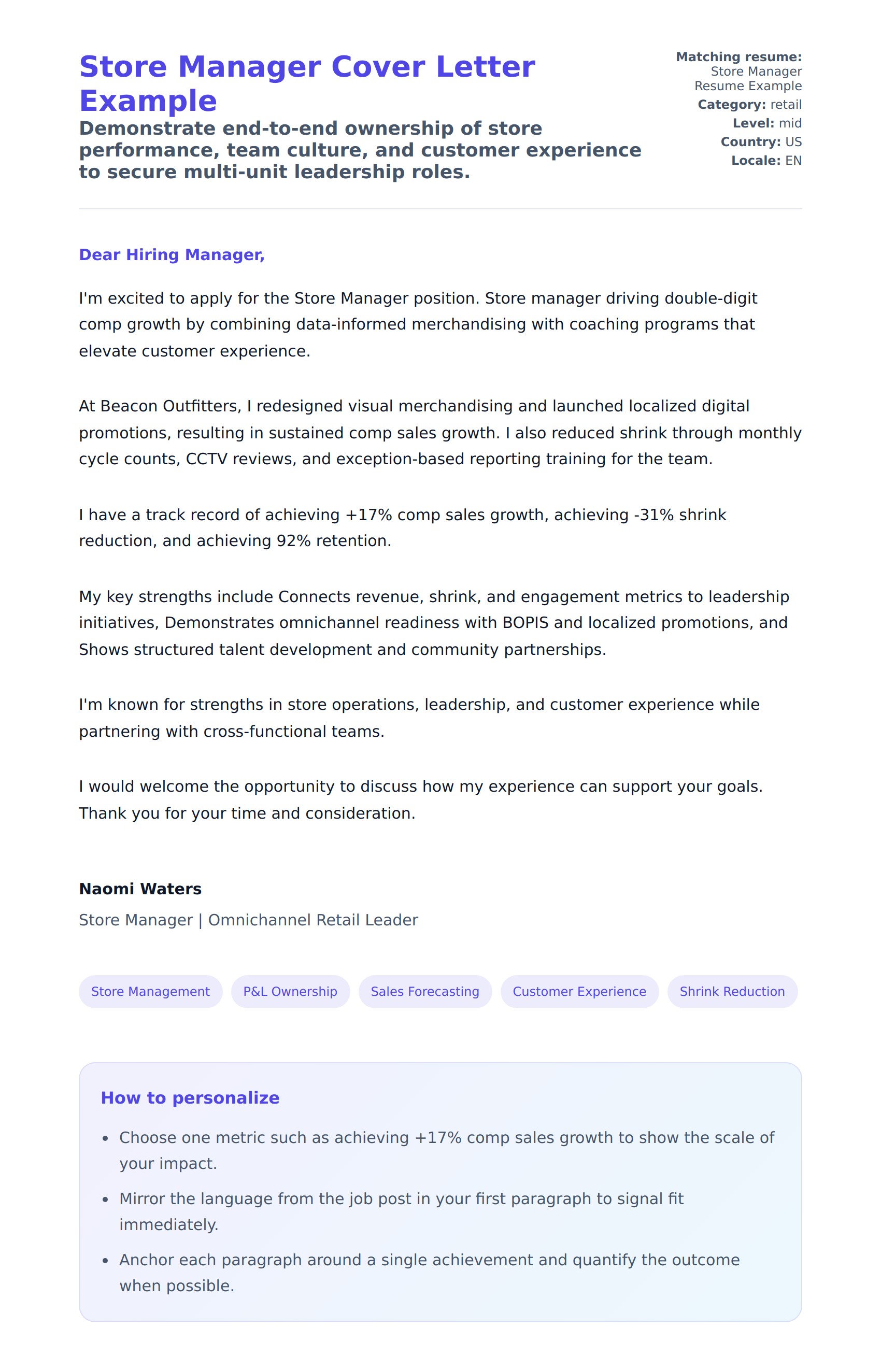 Cover Letter preview for Store Manager Cover Letter Example
