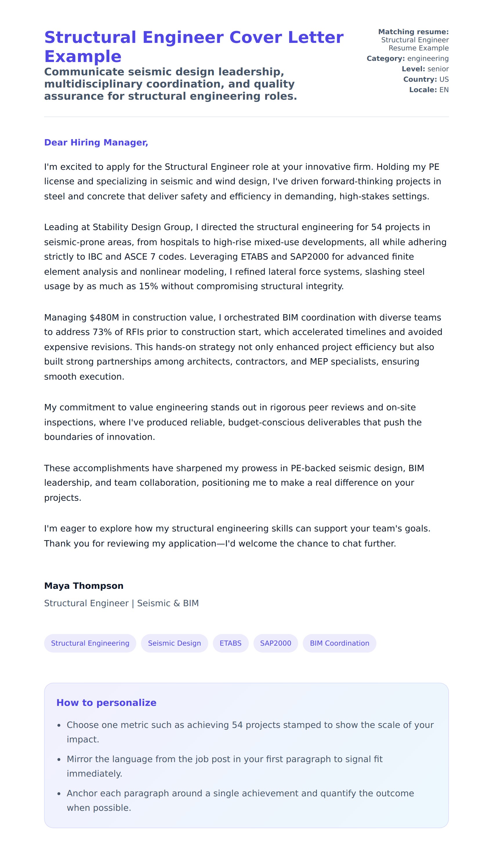 Cover Letter preview for Structural Engineer Cover Letter Example