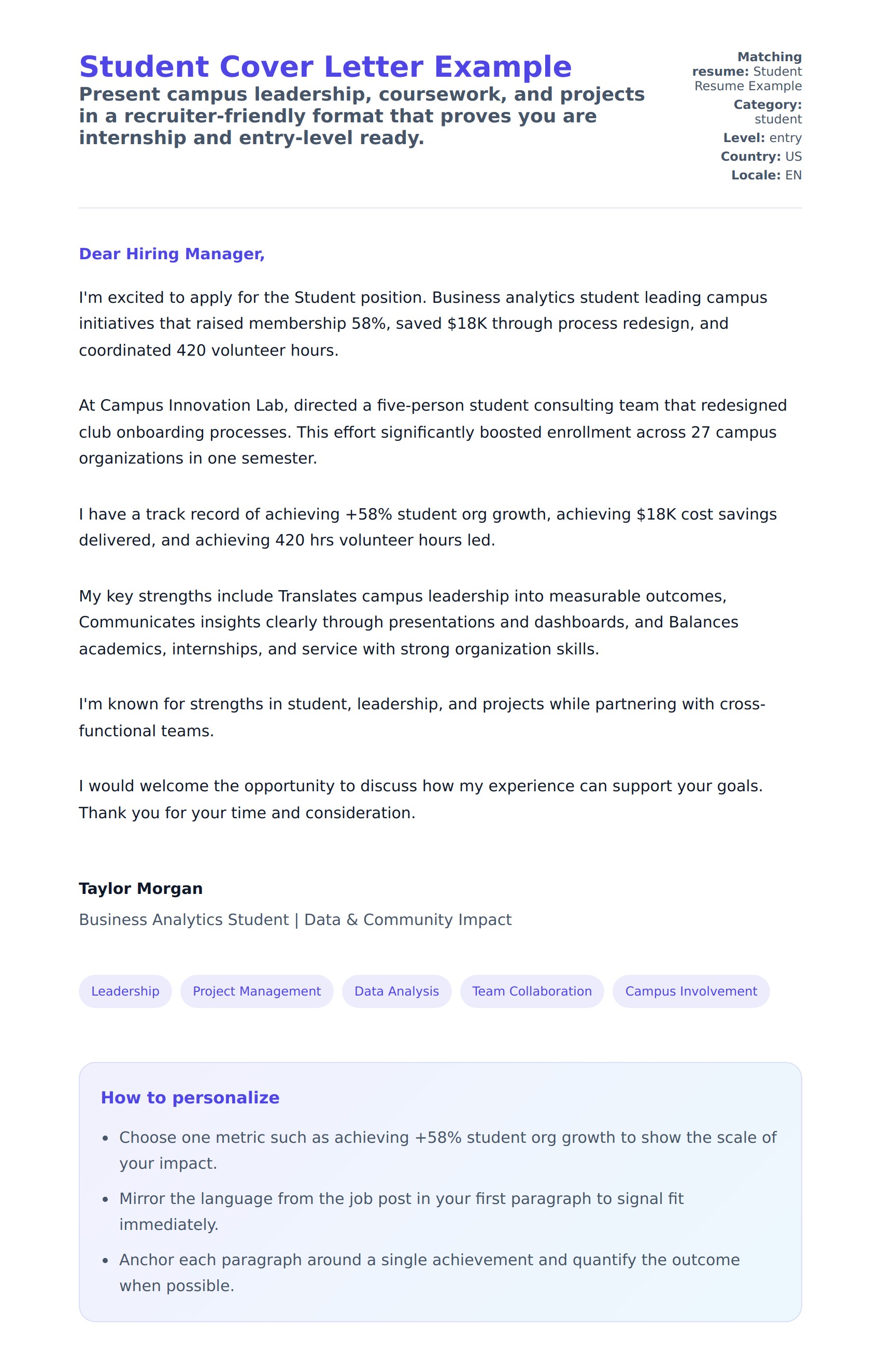 Cover Letter preview for Student Cover Letter Example