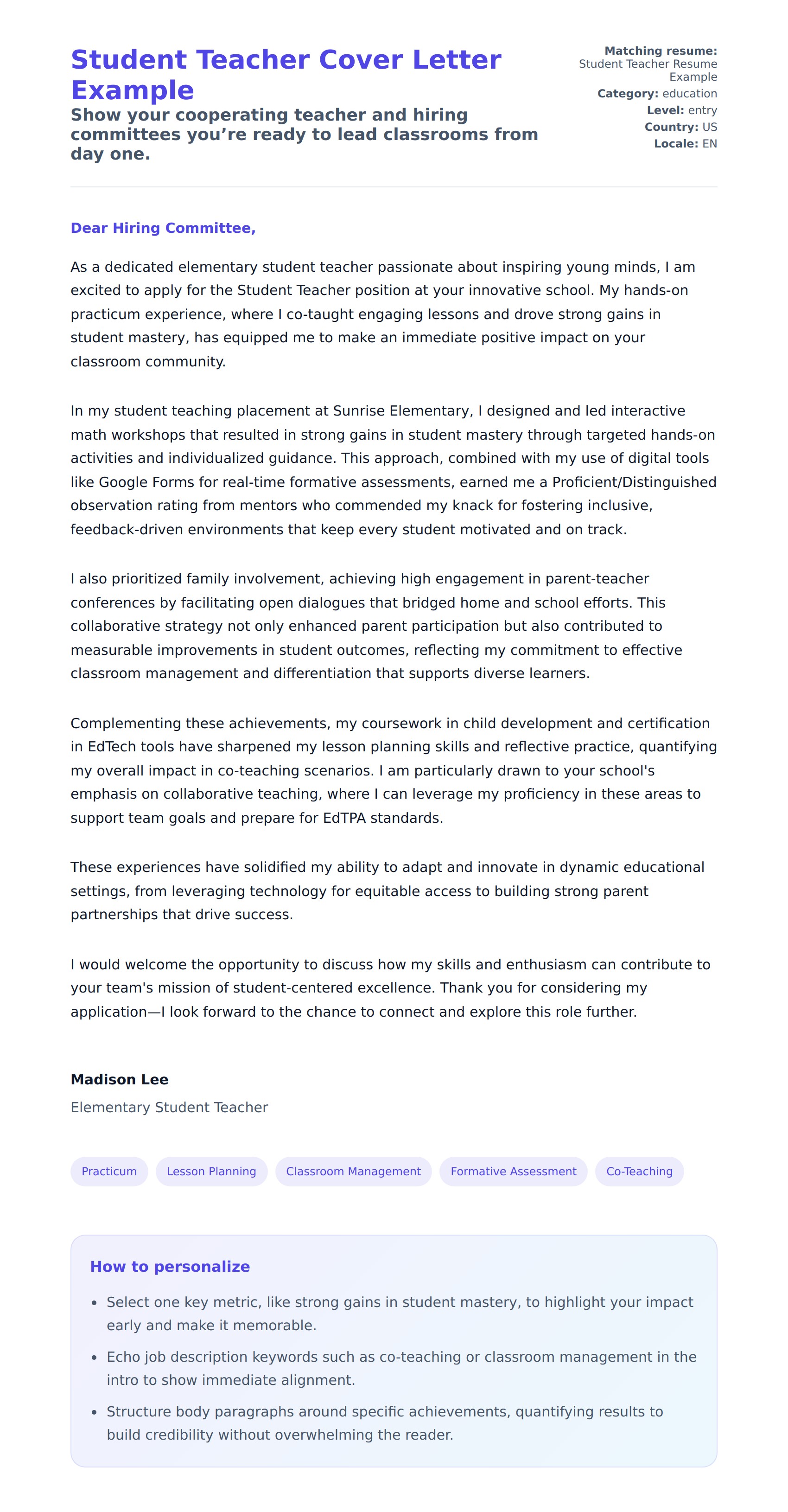 Cover Letter preview for Student Teacher Cover Letter Example