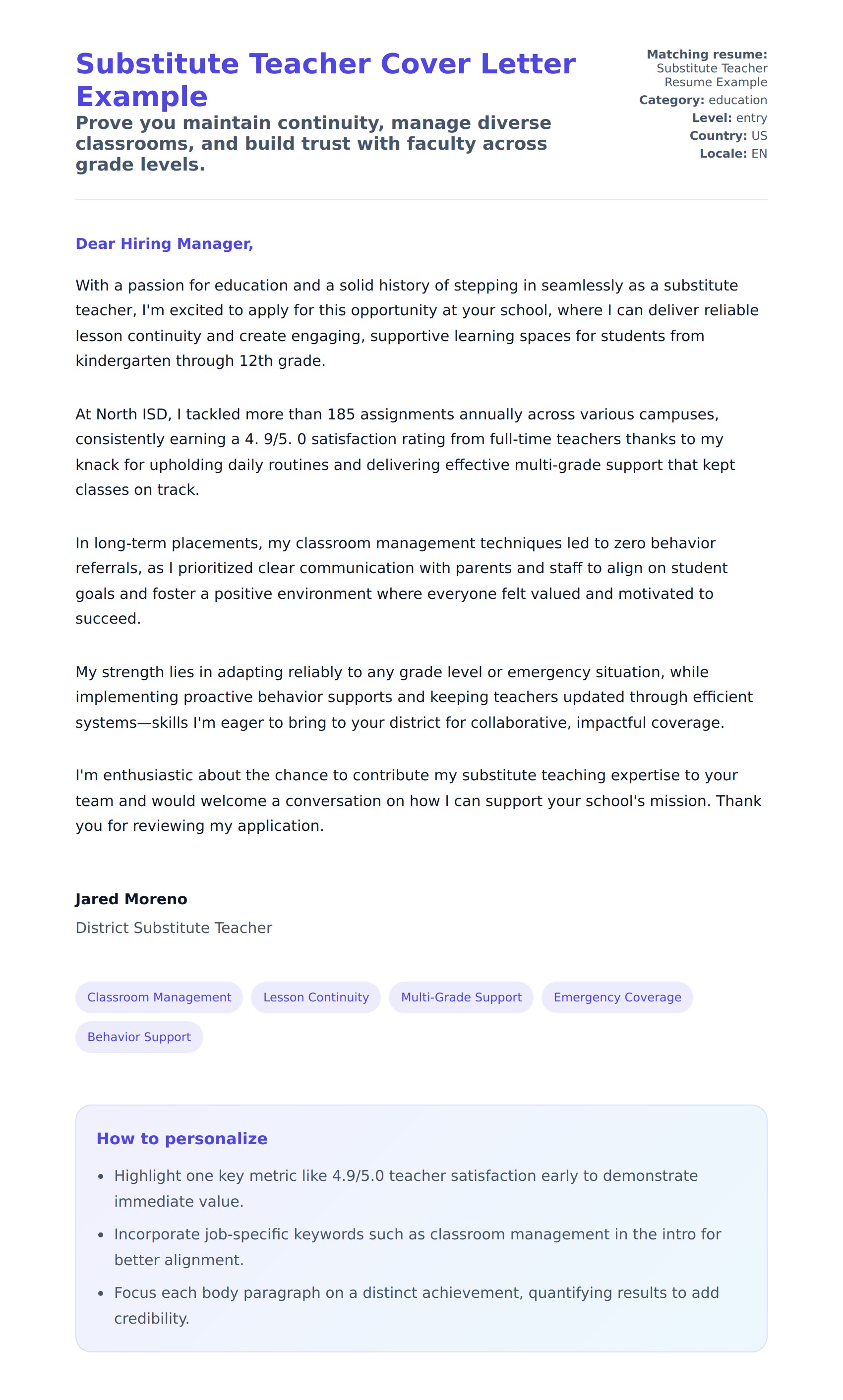 Cover Letter preview for Substitute Teacher Cover Letter Example