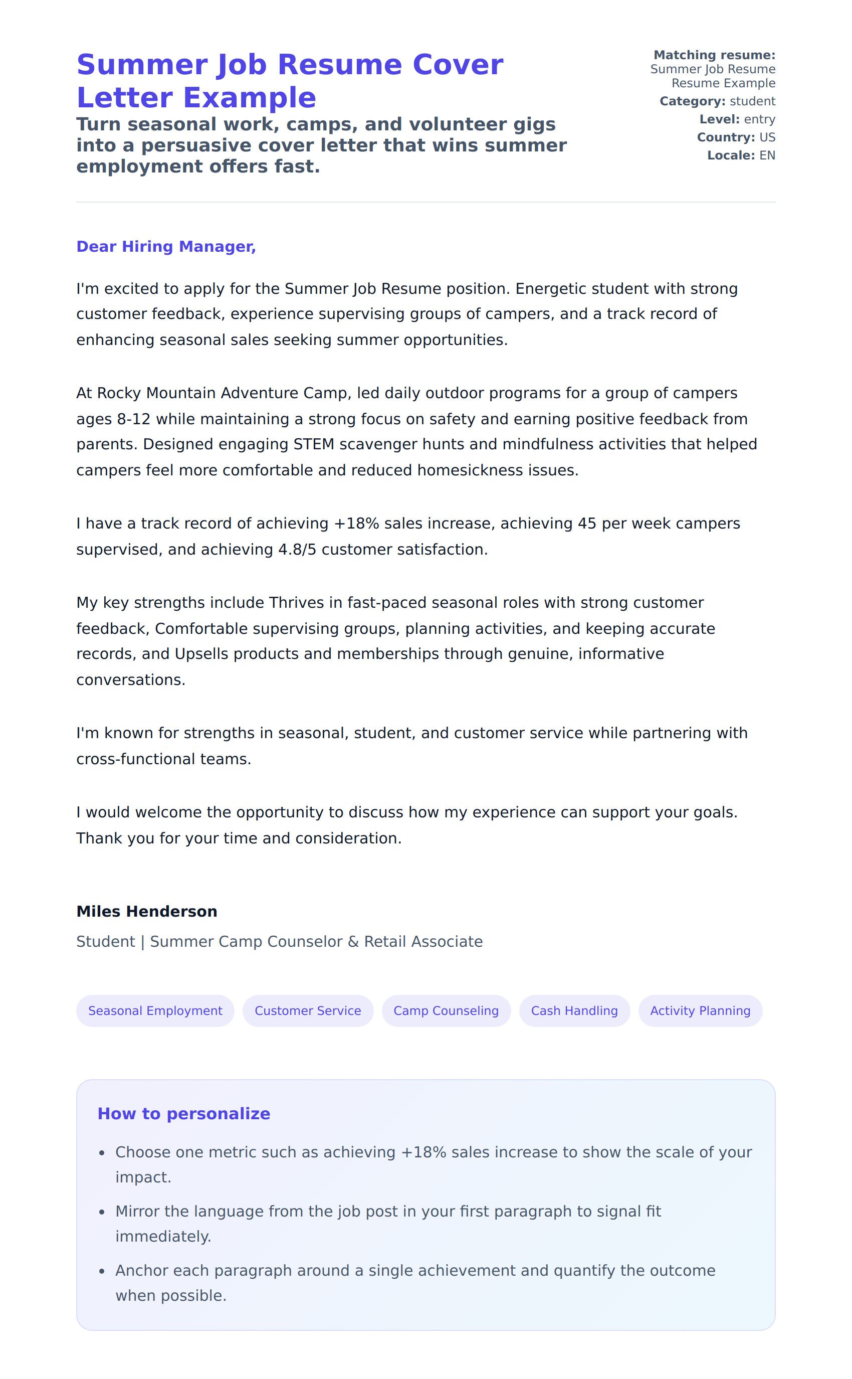 Cover Letter preview for Summer Job Resume Cover Letter Example
