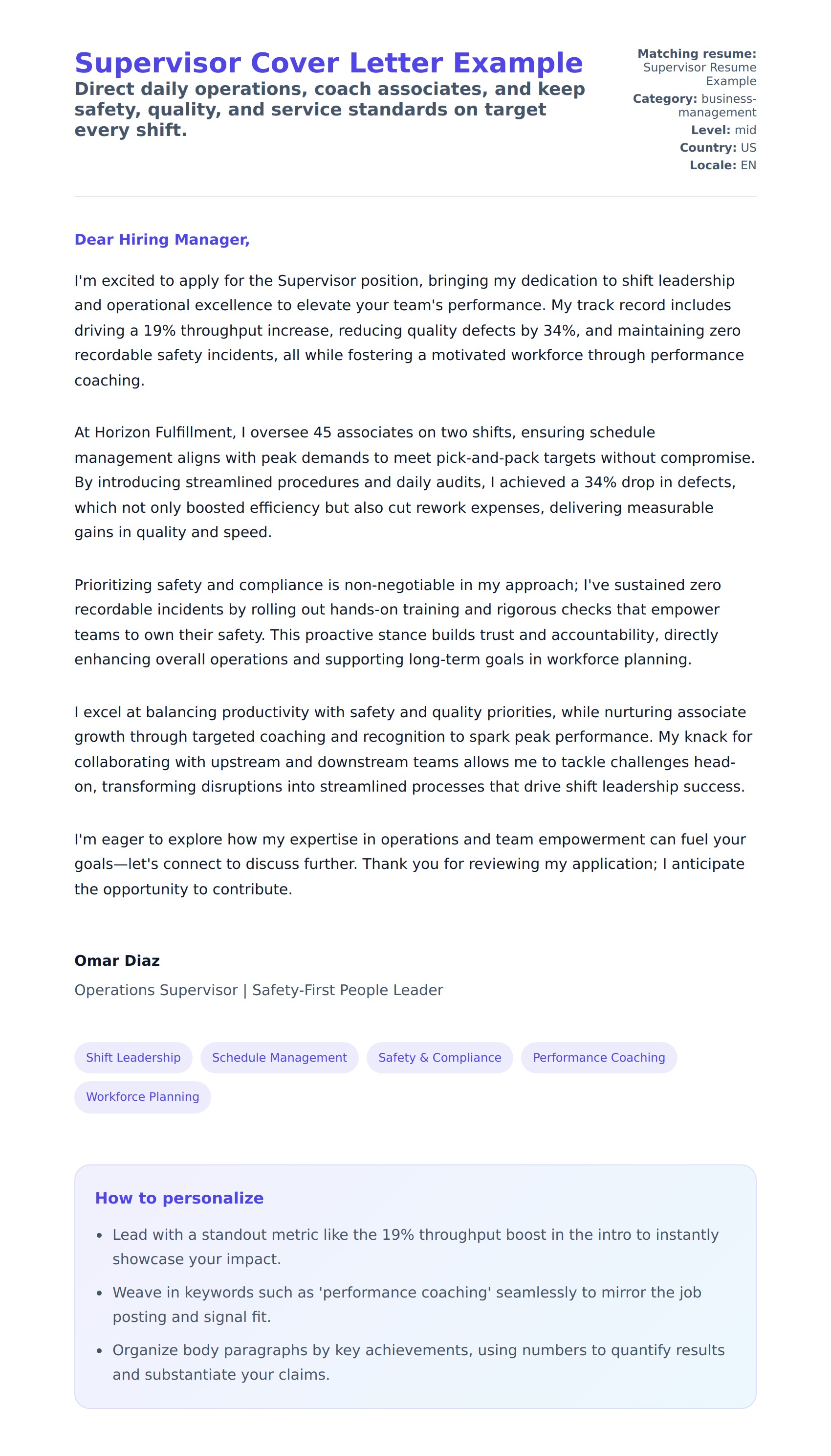 Cover Letter preview for Supervisor Cover Letter Example