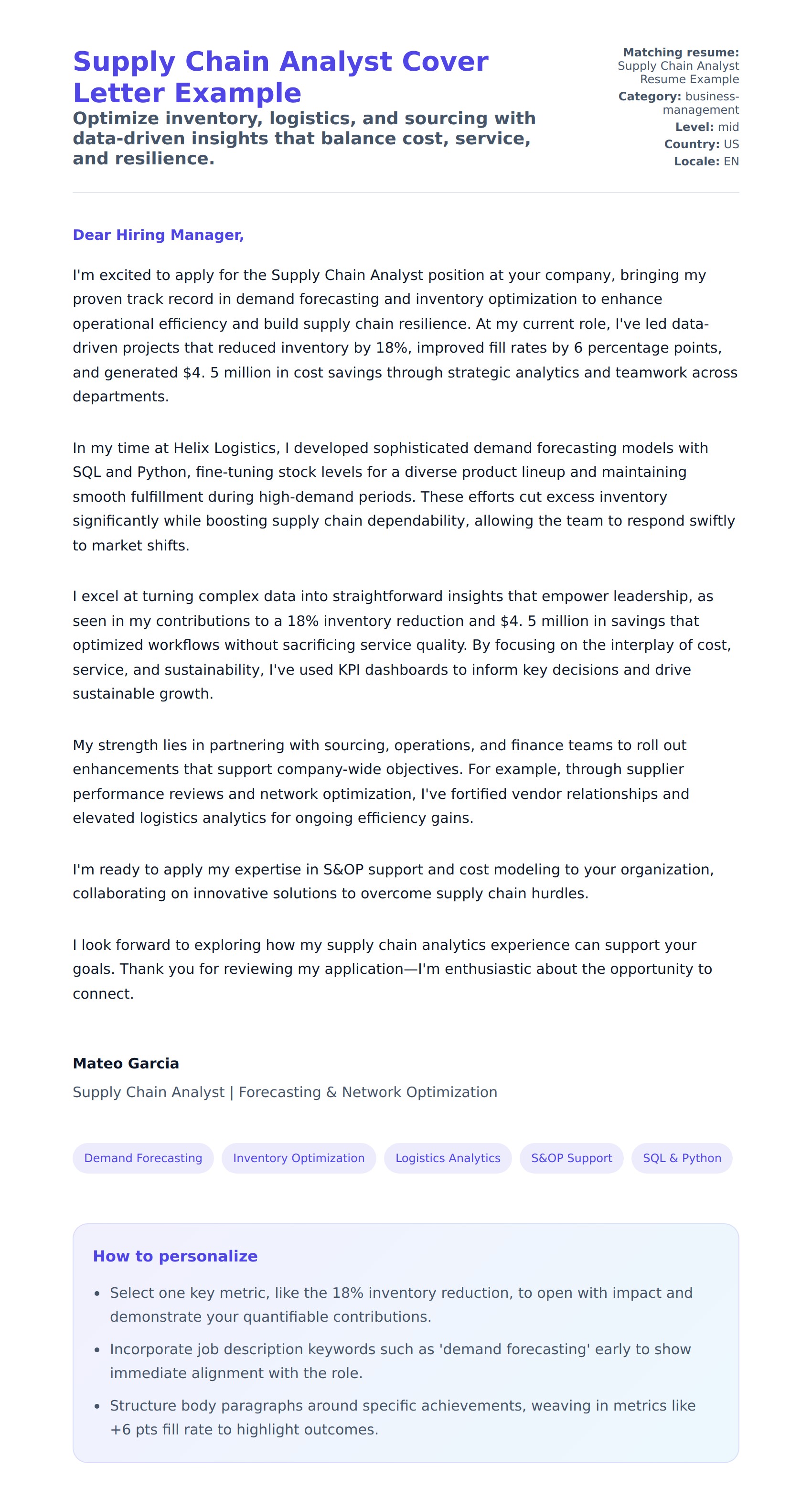 Cover Letter preview for Supply Chain Analyst Cover Letter Example