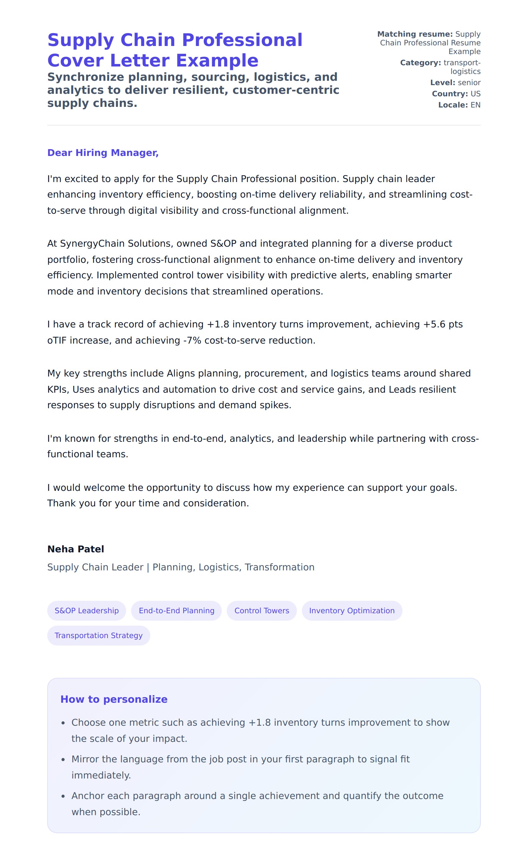 Cover Letter preview for Supply Chain Professional Cover Letter Example