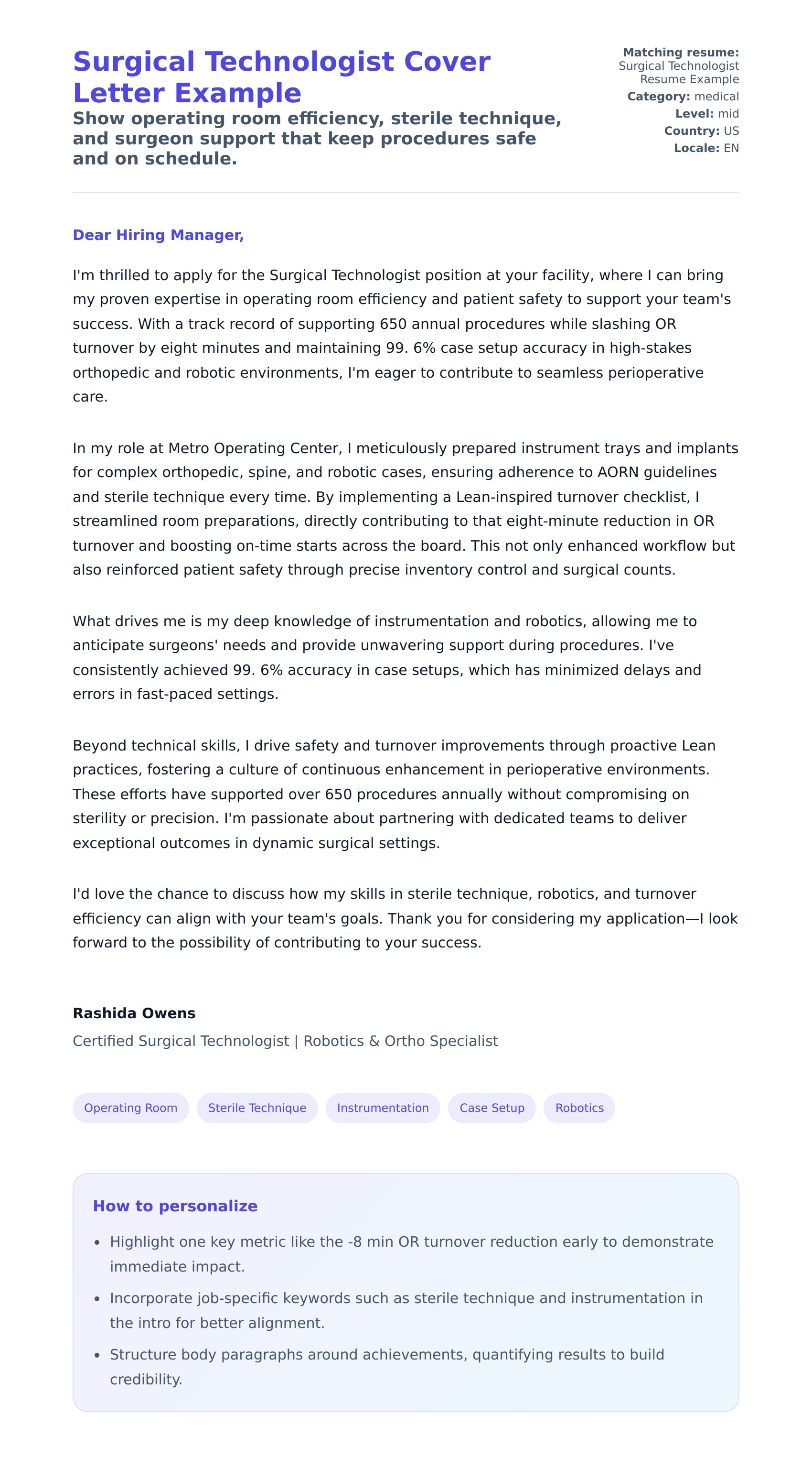 Cover Letter preview for Surgical Technologist Cover Letter Example