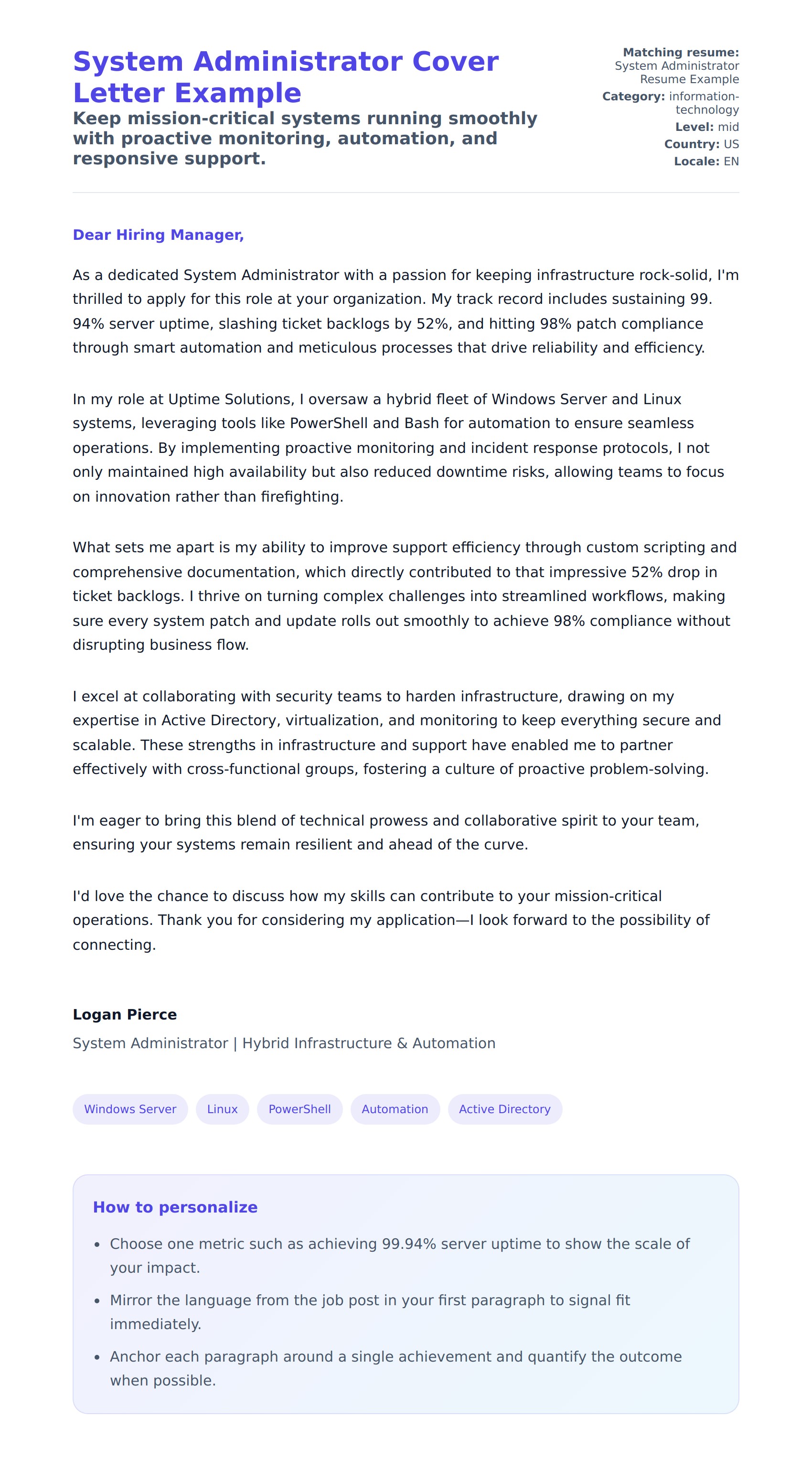 Cover Letter preview for System Administrator Cover Letter Example