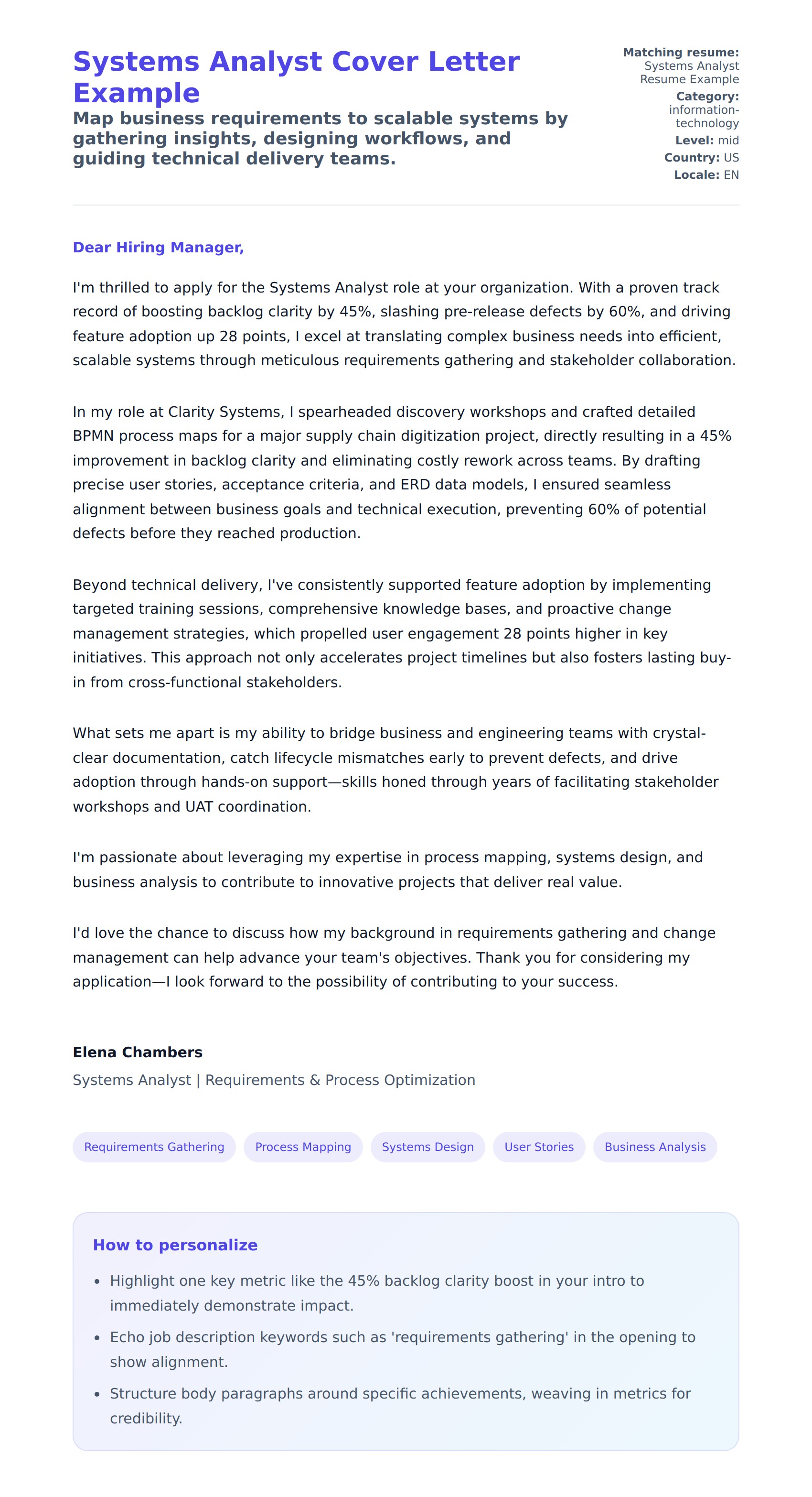 Cover Letter preview for Systems Analyst Cover Letter Example